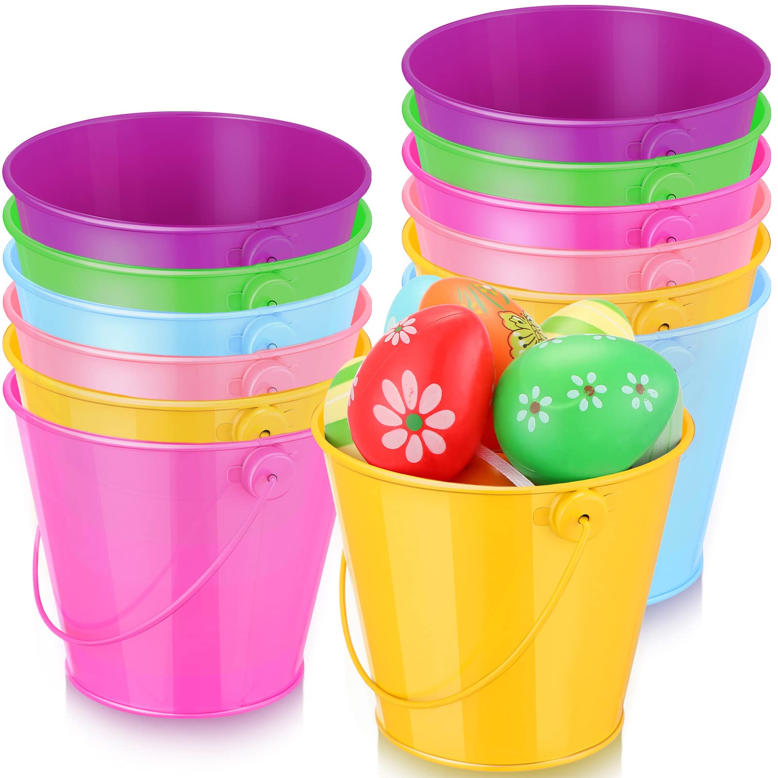 Yunsailing 24 Pcs Metal Bucket 4.1 X 4.7 Inch Mini Easter Buckets With Handle Small Iron Pail Colored Galvanized Bucket For Plan