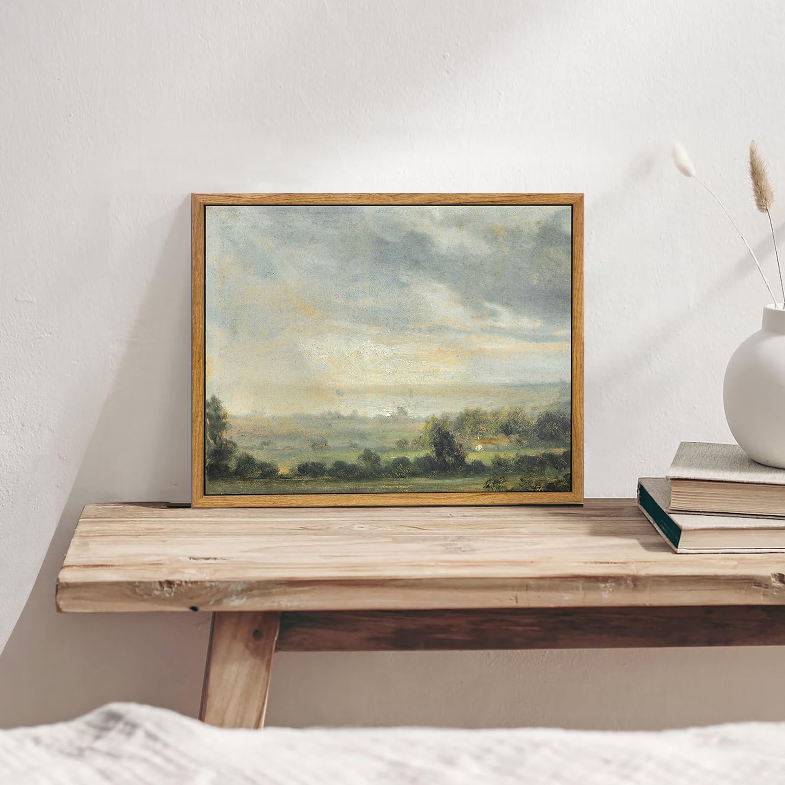 Kbkbart Framed Framed Vintage Landscape Wall Art Prints, Retro Green Forest Valley Nature Wilderness Illustrations Canvas Painti