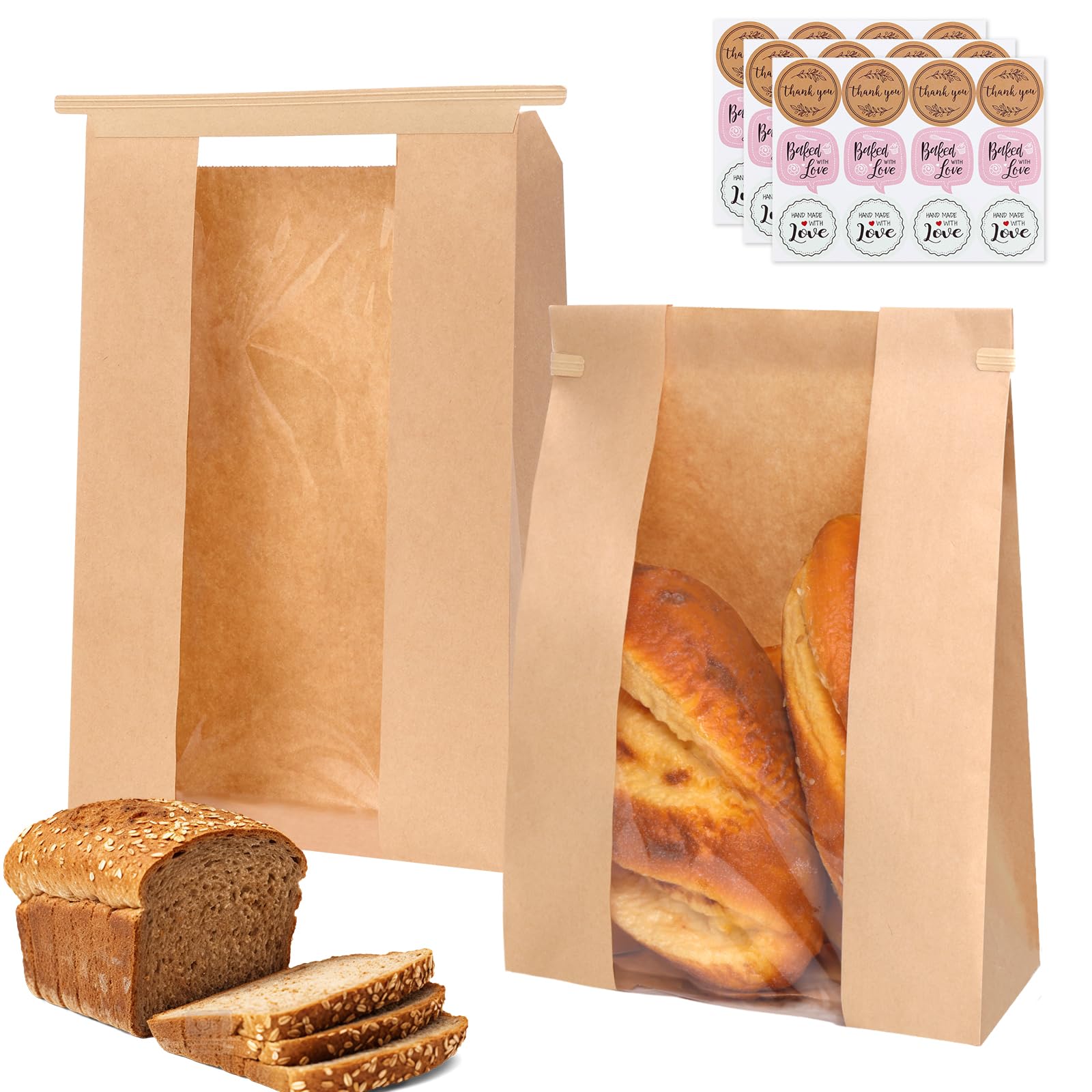 Moretoes 120 Pack Large Paper Bread Bags for Homemade Baked Goods, 13.7x8.3x3.5 Inches, Sourdough Bread Bags with Tin Tie Tab an