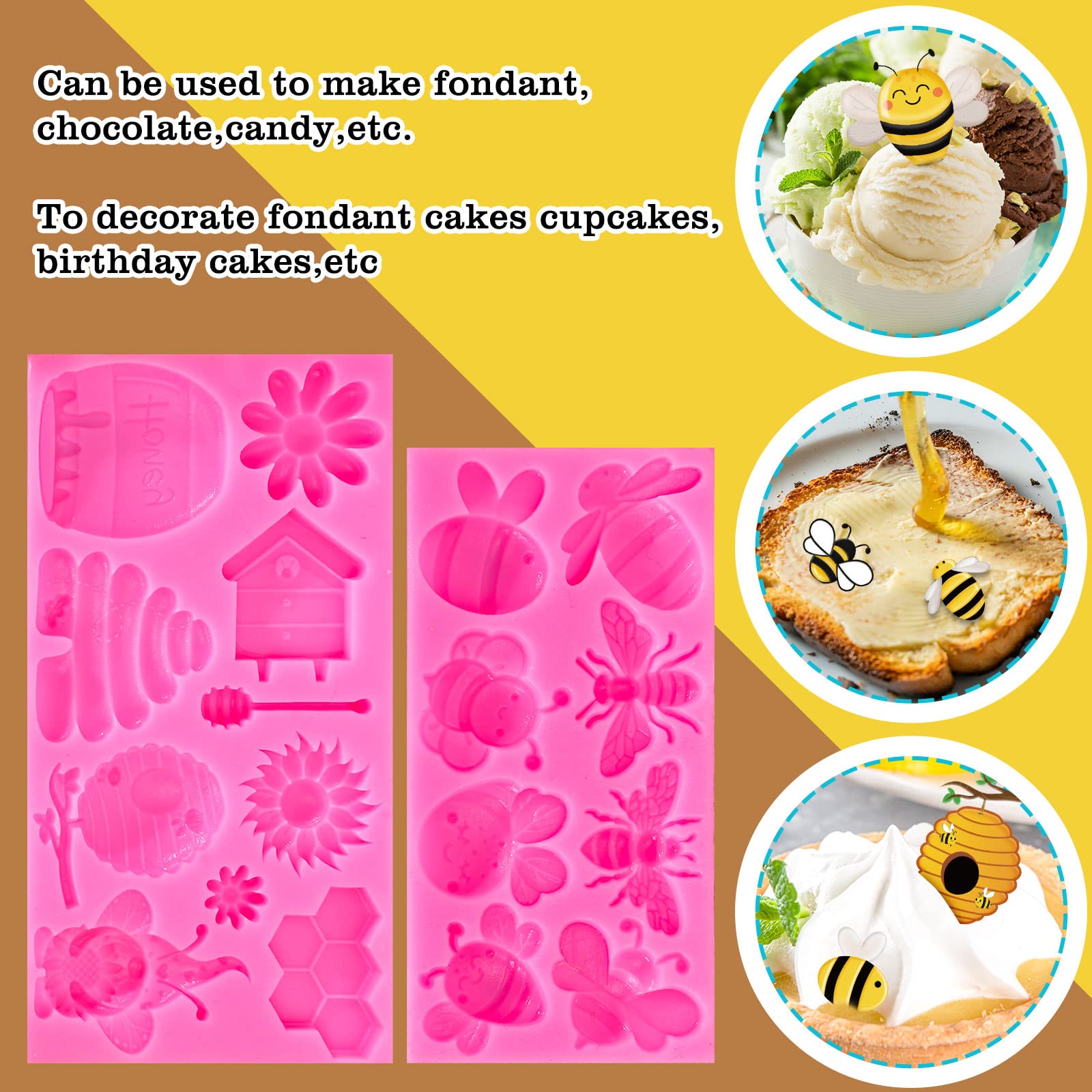 Whaline Bumble Bee Fondant Molds 3D Silicone Moulds Sunflowers Honey Pattern Resin Molds Honeycomb Bumblebee Cupcake Cookie Baking Decorating Moulds for Spring Summer Party DIY Candy 2Pcs