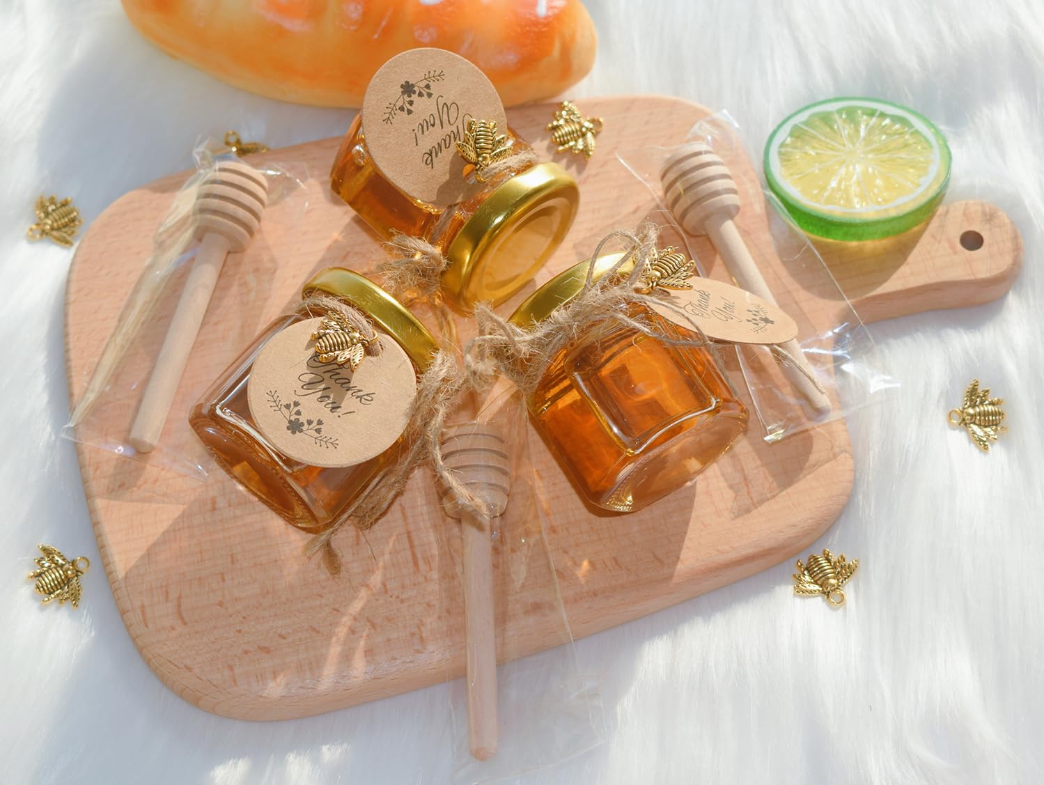 Iikum 40 Pack 1.5 Oz Hexagon Mini Glass Honey Jars With Wooden Dippers, Gold Lids, Bee Pendants, Golden Gift Bags, Thank You Car