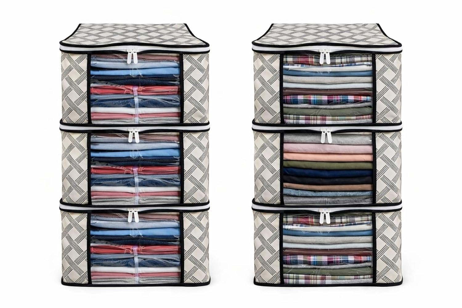 Clothes Storage Organizer Bags With Transparent Front Window And Zip Closure, (Beige & Black, Pack Of)