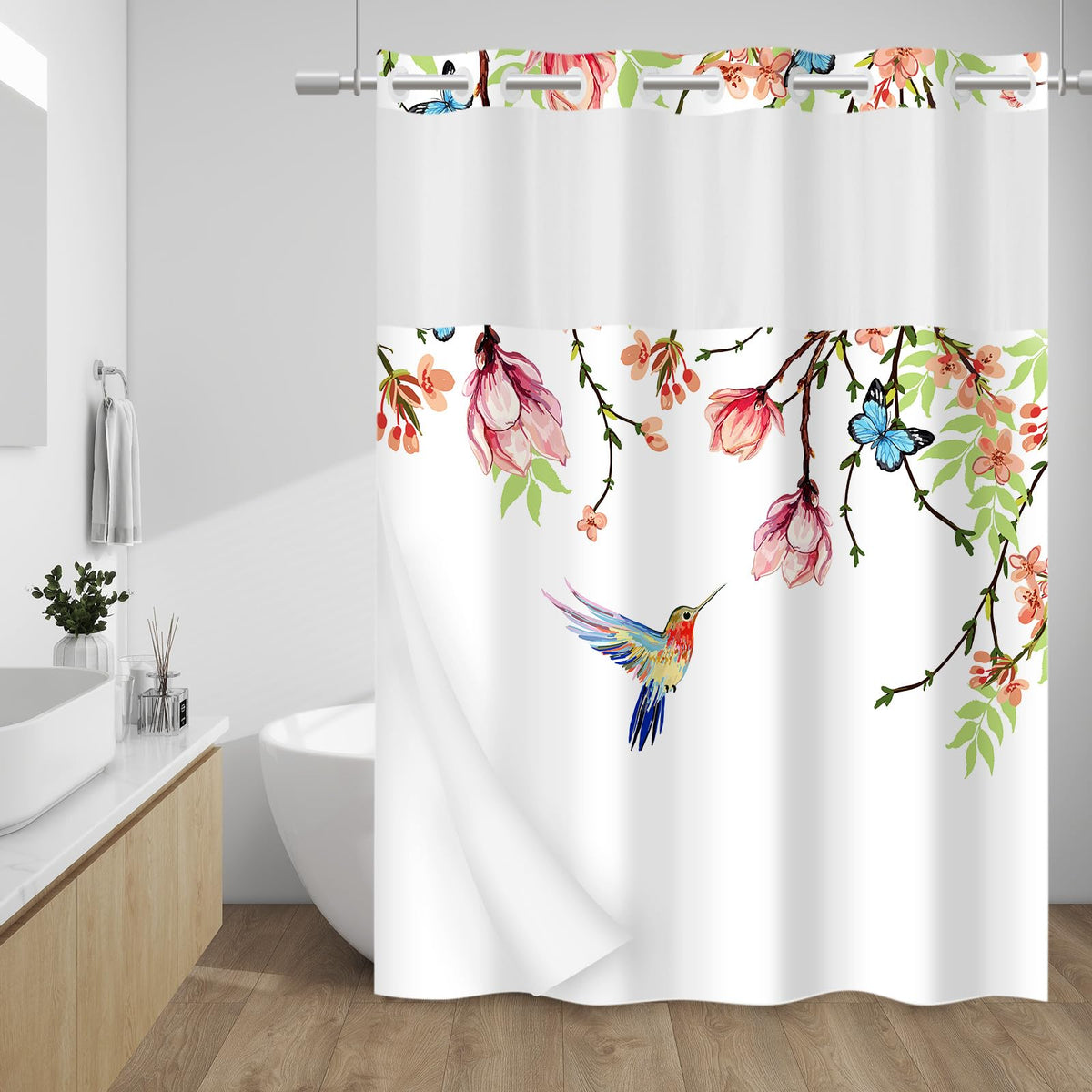 Withloc No Hook Shower Curtain With Snap In Liner - Fabric Waterproof Inner Liner, Plants Pink Floral Blue Nature Birds Cloth Sh