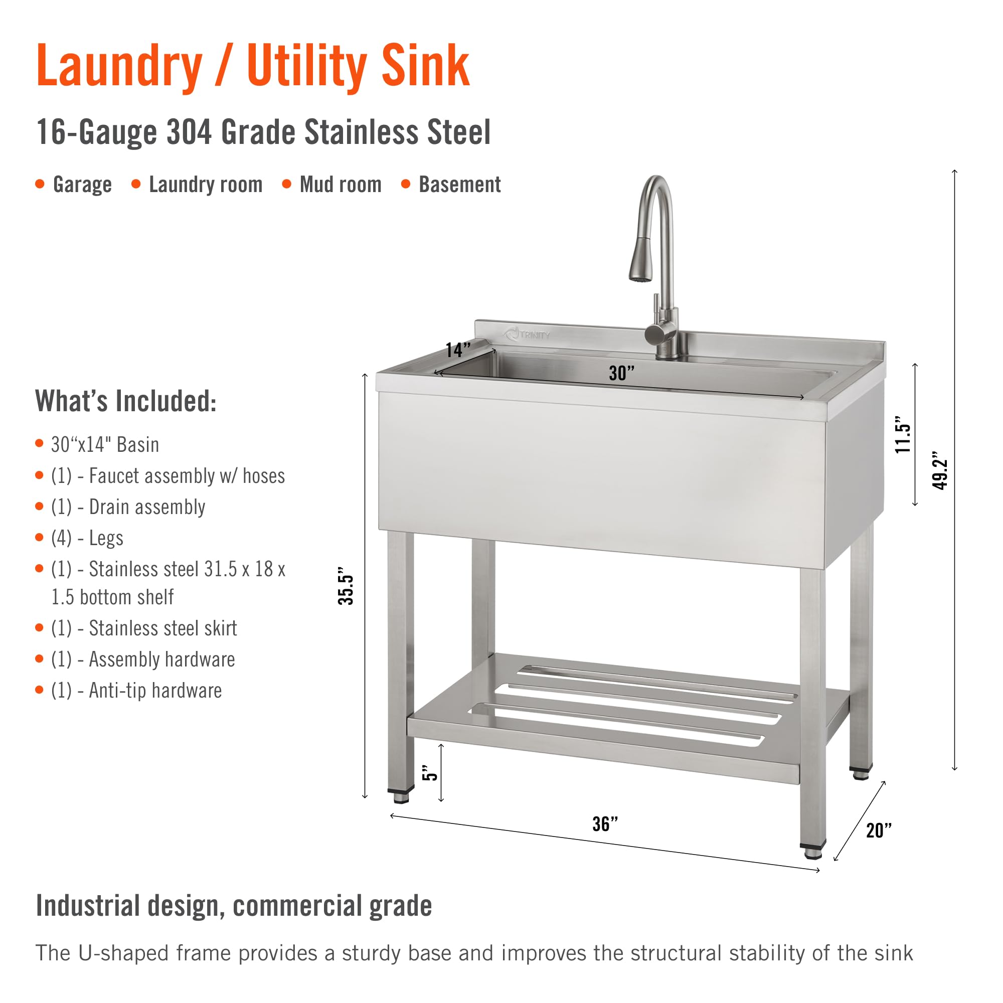 Trinity Thap Stainless Steel Freestanding Single Bowl Utility Sink For Garage, Laundry Room, And Commercial Use (Rectangular | 3