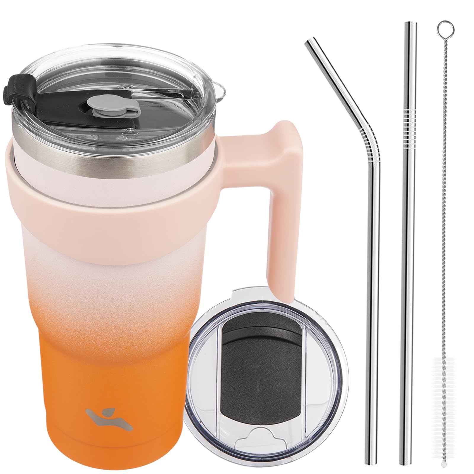 Konokyo 20 oz Tumbler with Handle and 2 Straw 2 Lid, Insulated Water Bottle Stainless Steel Vacuum Cup Reusable Travel Mug,Coral