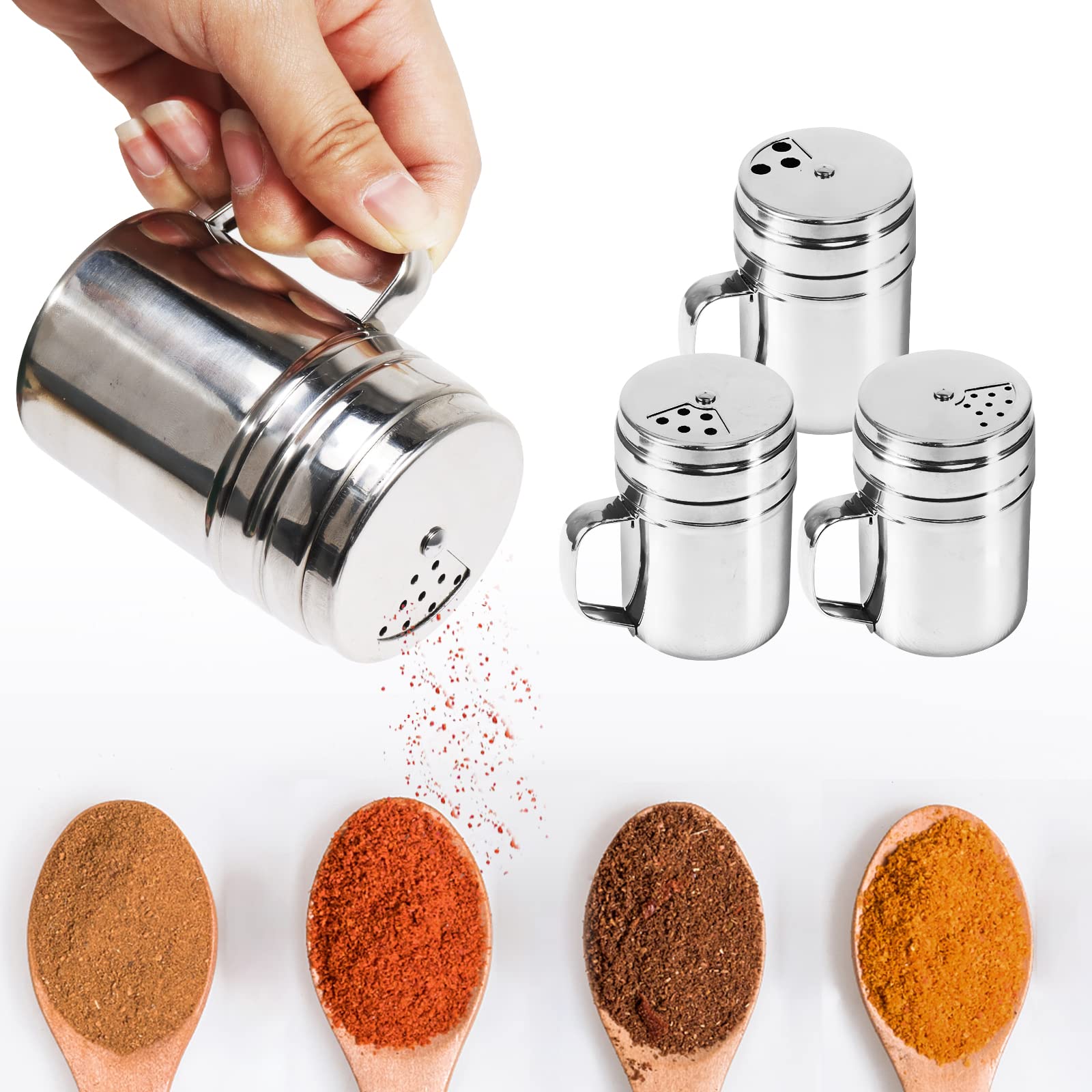3Pcs Seasoning Bottle With Handle Stainless Steel Dredge Shaker Rub Spice With Holes Powdered Sugar Shaker With Lid Shaker Cooki