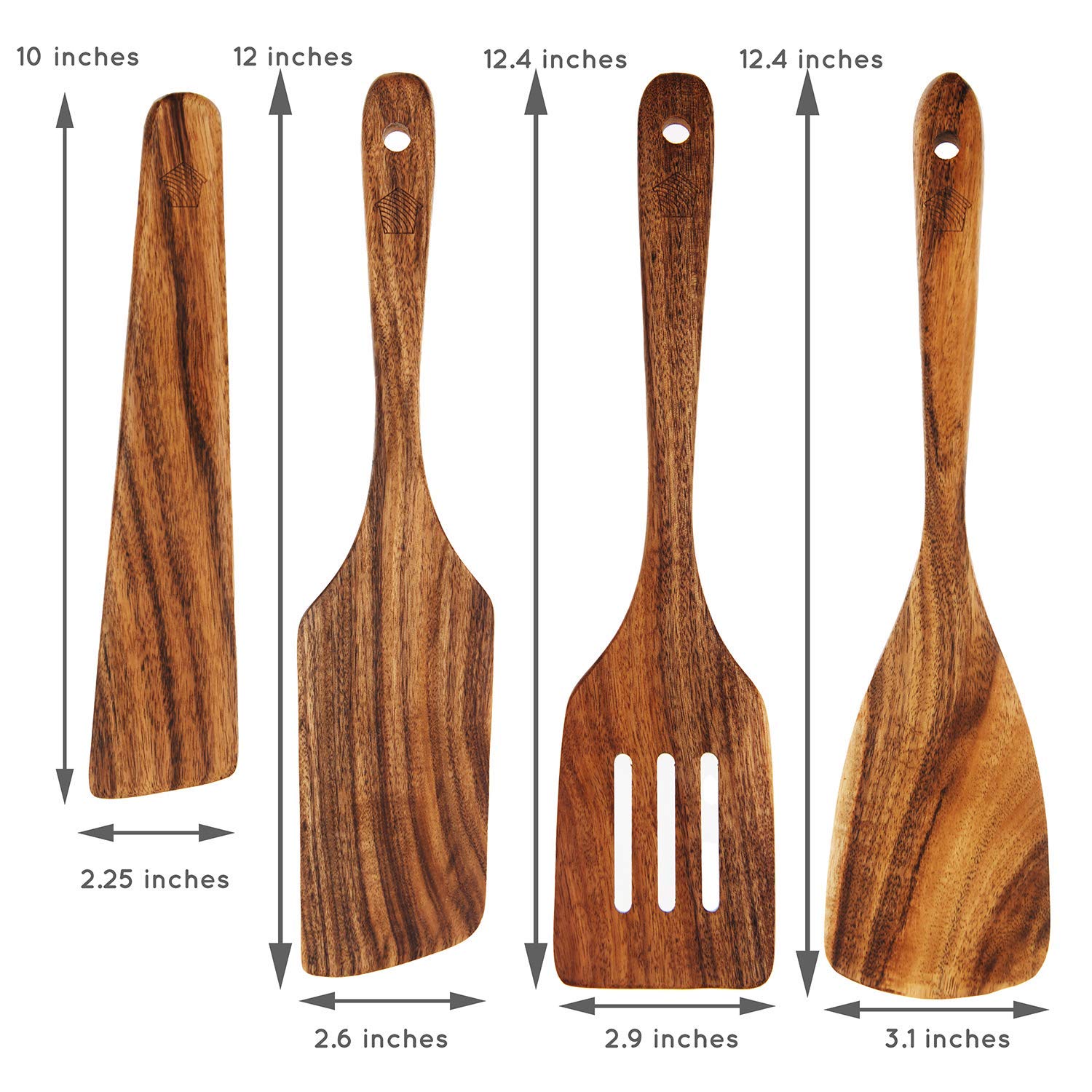 Wooden Spatula for Cooking  Kitchen Set of 4  Natural Teak Wooden Utensils including Paddle  Turner Spatula  Slotted Spatula and Wood Scraper. Nonstick cookware.