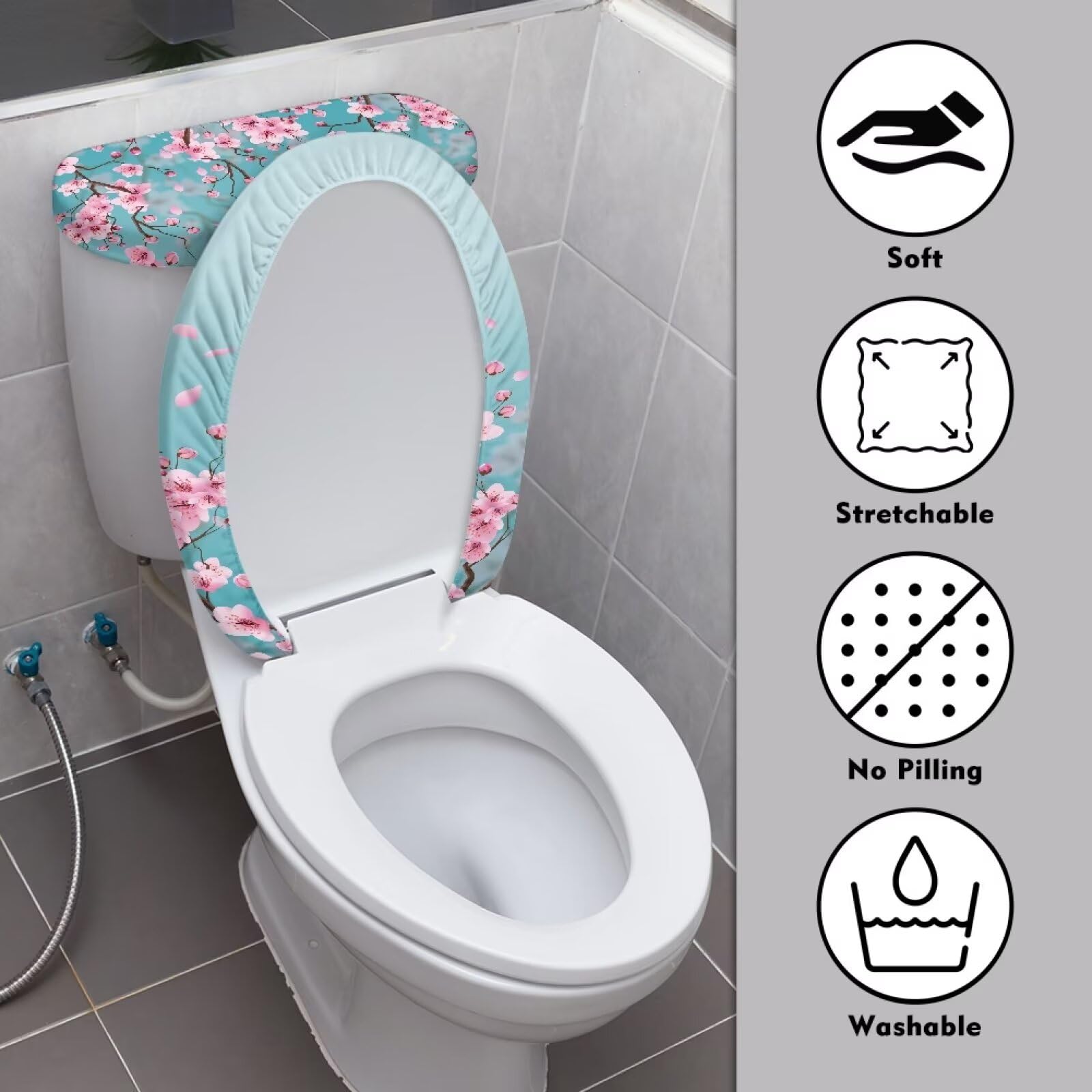 Darisoco Cherry Blossom Blue Bathroom Toilet Lid Seat Cover & Toilet Tank Lid Cover Machine Washable Fits Most Standard Toilet 1