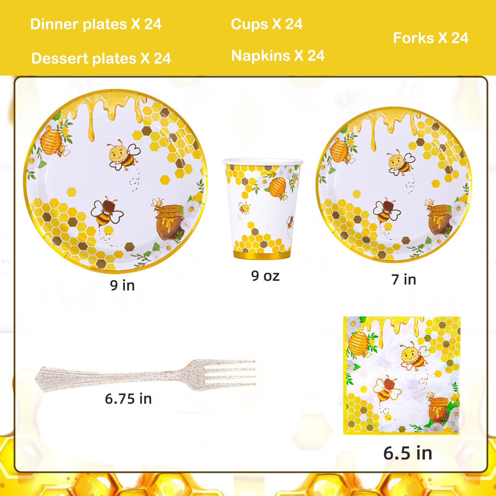 Atonofun Bee Party Supplies  Bee Plates and Napkins  Bee Party Plates  Cups  Napkins and Cutlery  Bee Party Decorations for Baby Shower  Bee Birthday  Happy Bee Day  Serves 24