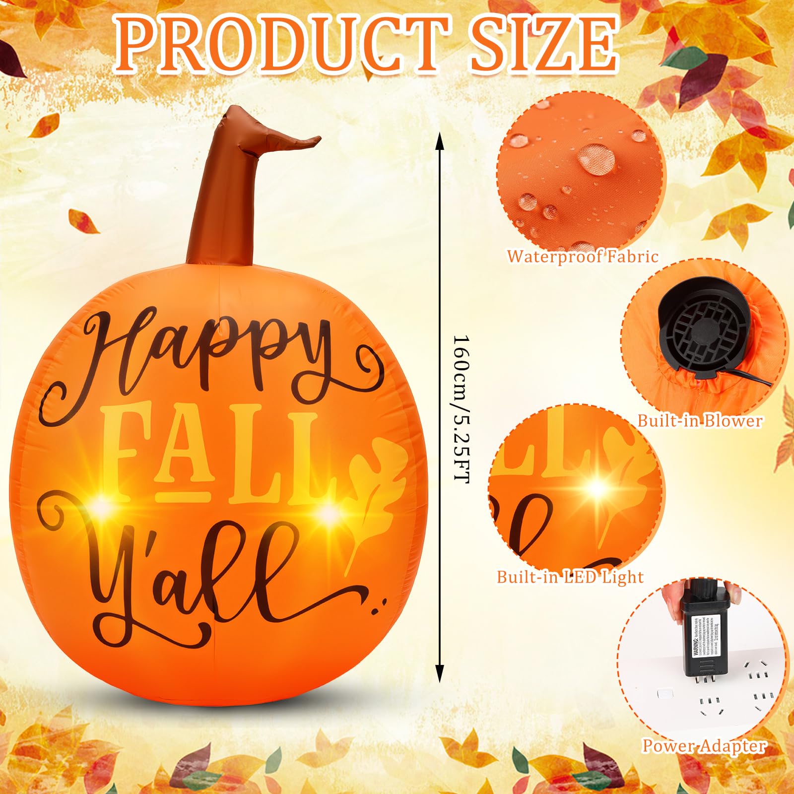 Soulchen Thanksgiving Fall 5.25 ft Pumpkin Inflatable Decorations Blow up Decor Fall Pumpkin with LED Lights Inflatable Decorati