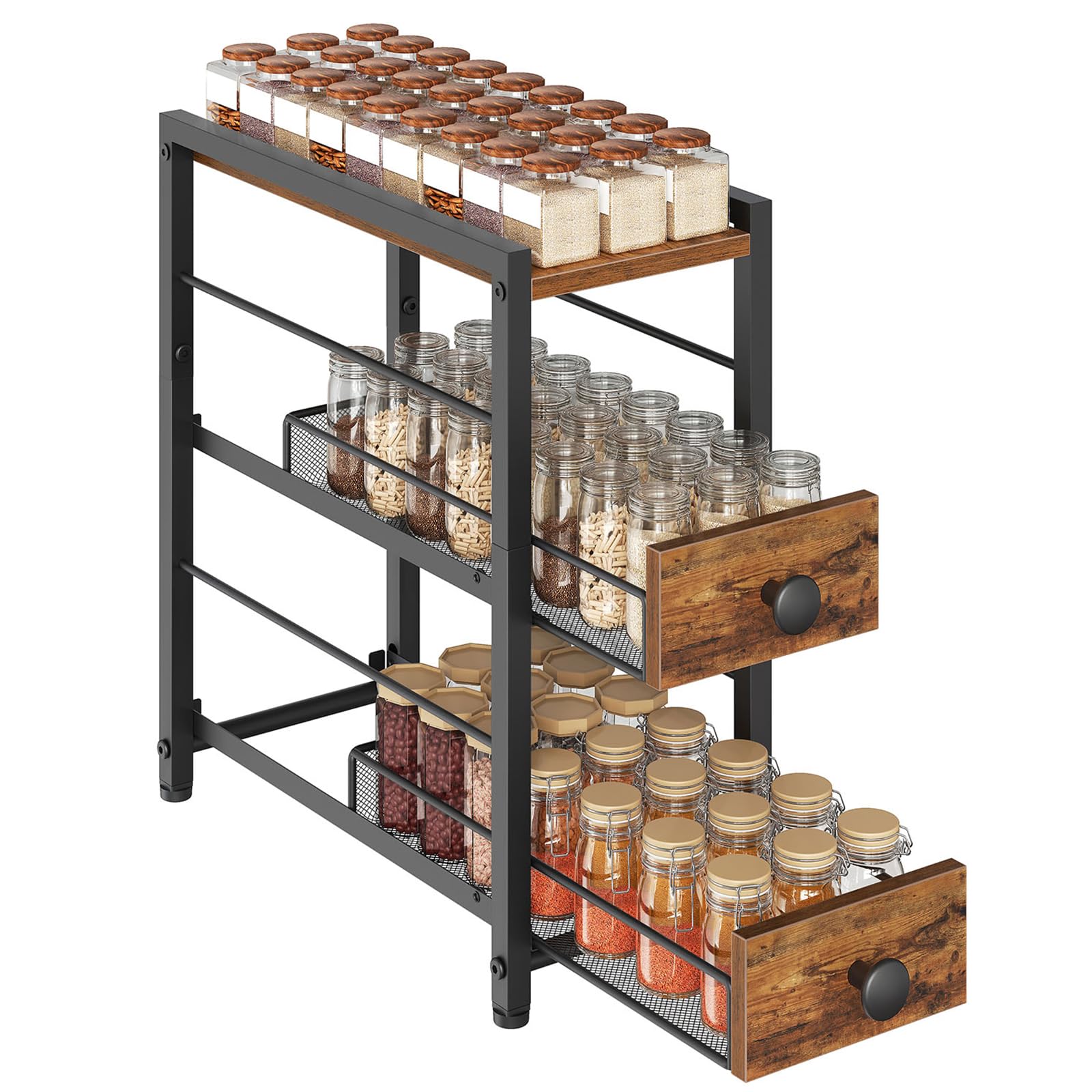 Yatiney 3Tier Lazy Susan Spice Rack, Pull Out Spice Rack, Narrow Spinning Organizer With 2 Drawers, For Kitchen Countertop, Rus