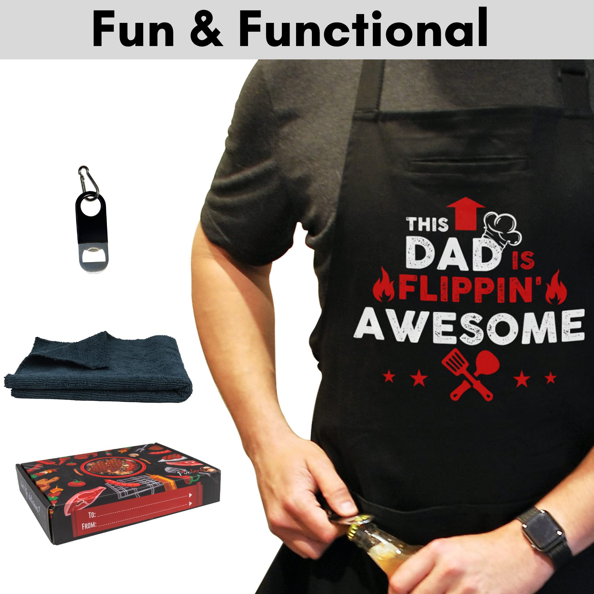 Fixgrub Dad Bbq Apron, Funny Apron, Grill Apron, Chef Apron With 3 Pockets, Bottle Opener, Towel And Gift Box, 100% Cotton, Idea