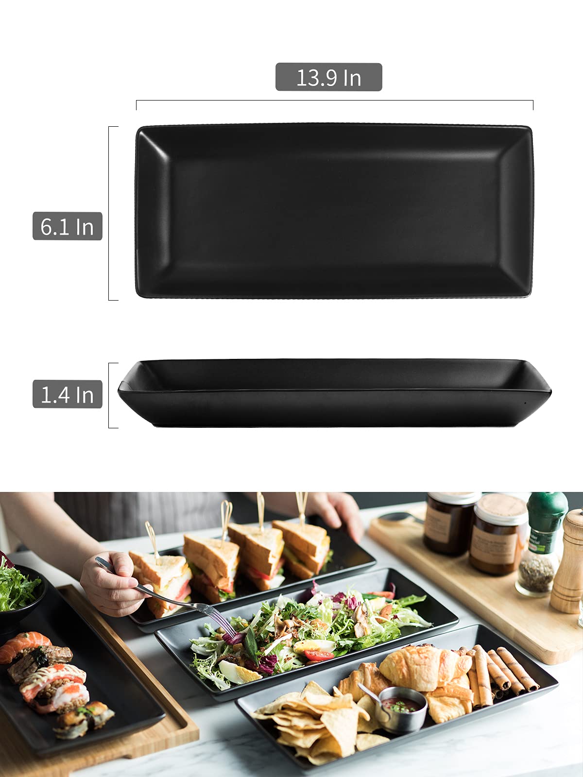LAUCHUH Serving Platters for Entertaining Large Rectangular Serving Dinner Dish 14 Inches Plate Tray For Wedding Thanksgiving Party Food Dessert Sushi and Appetizers Set of 4  Black