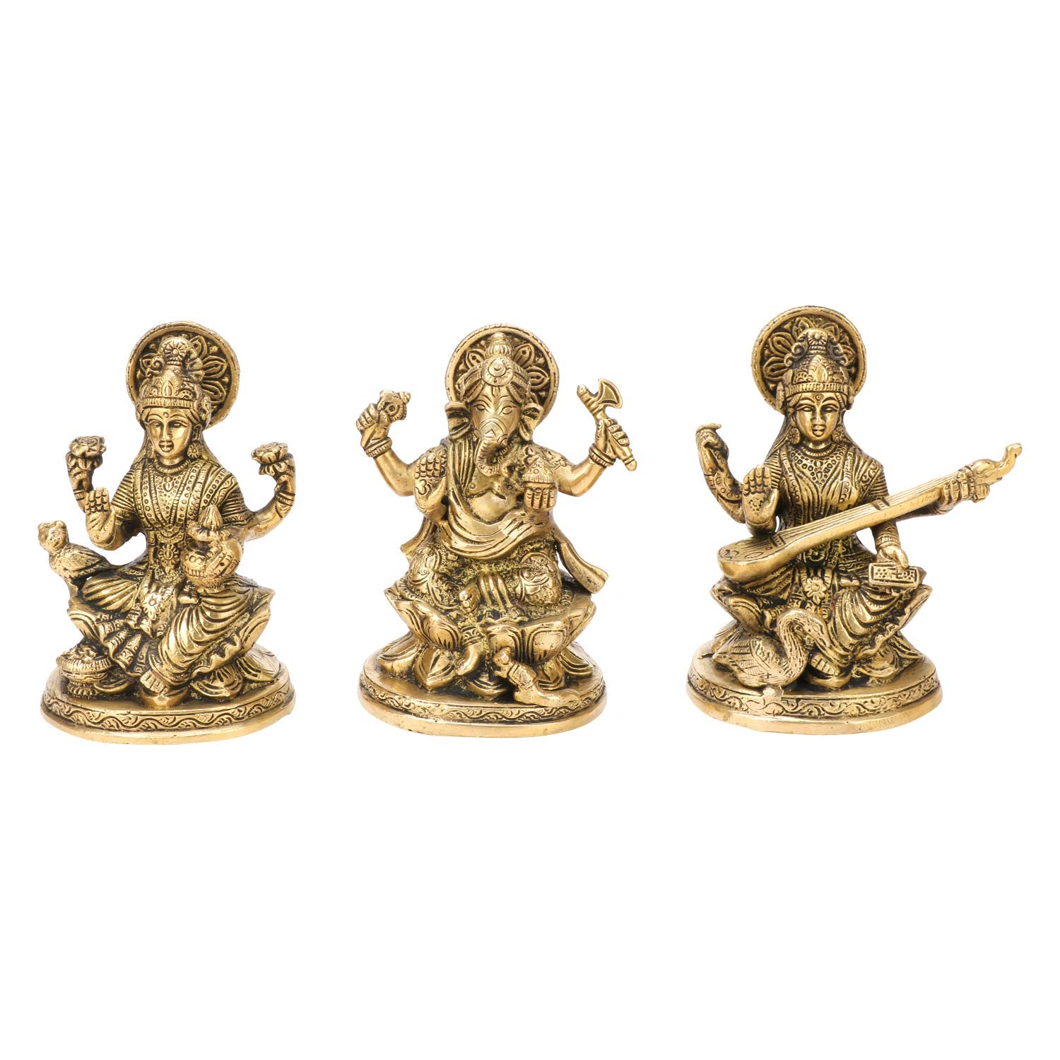 Kartique Brass Laxmi Ganesh Saraswati Bhagwan Idol Sitting On Lotus | Ganpati Murti Metal Statue For Home Office Success Entranc