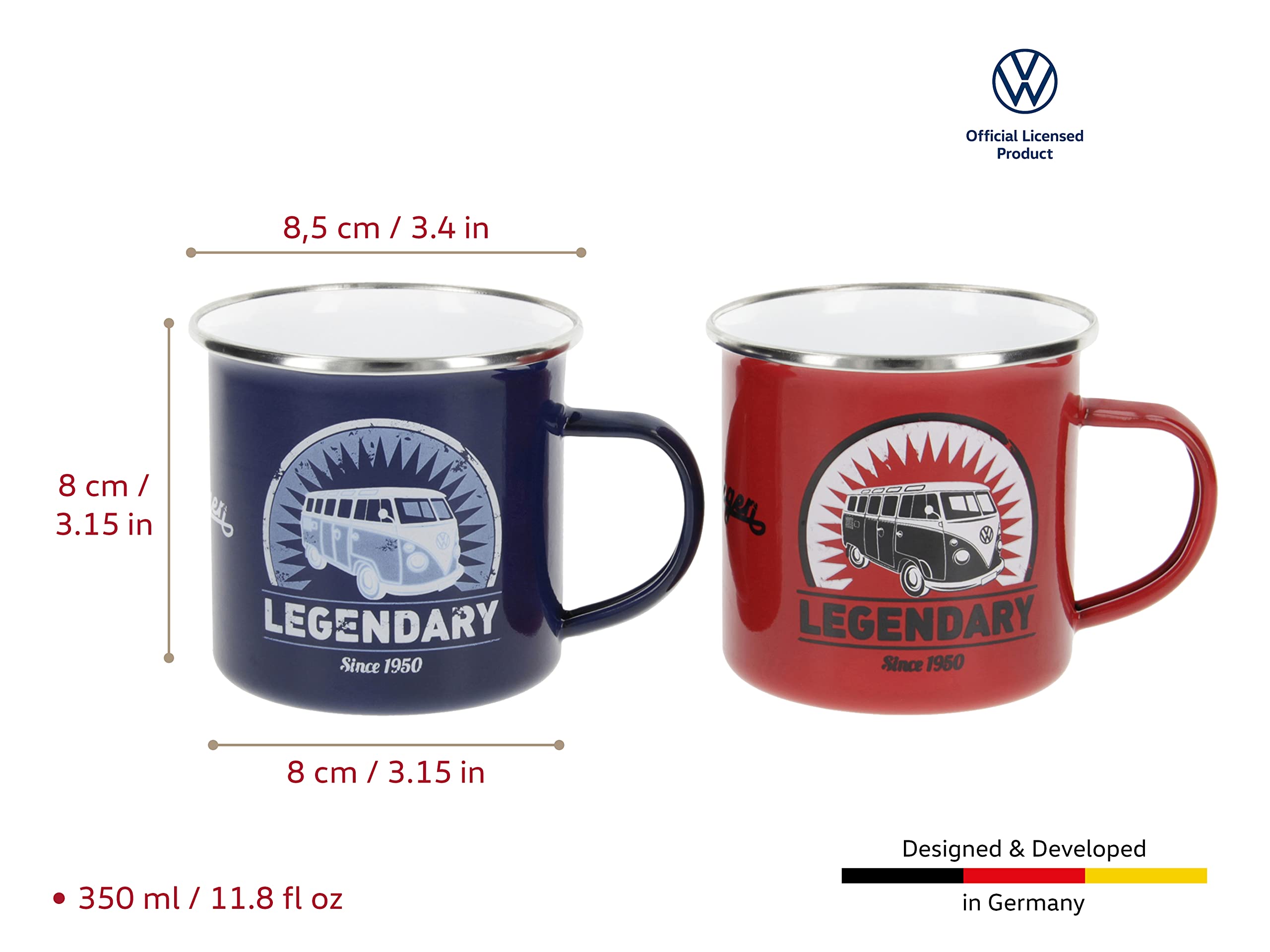 Brisa Vw Collection - Volkswagen 2-Piece Enamel Coffeetea Mug Cup Set For Camping & Outdoor T1 Bus (Legendary/Red&Blue) (11.8 Fl