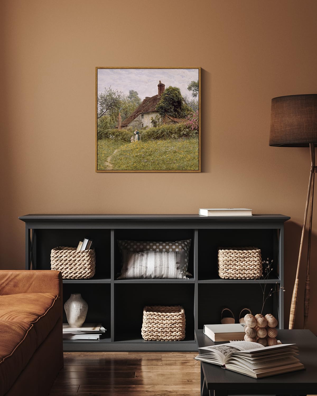 Insimsea Square Framed Canvas Wall Art, Vintage Landscape Prints Old Cottages Countryside Landscape Large Canvas Wall Art, Rusti