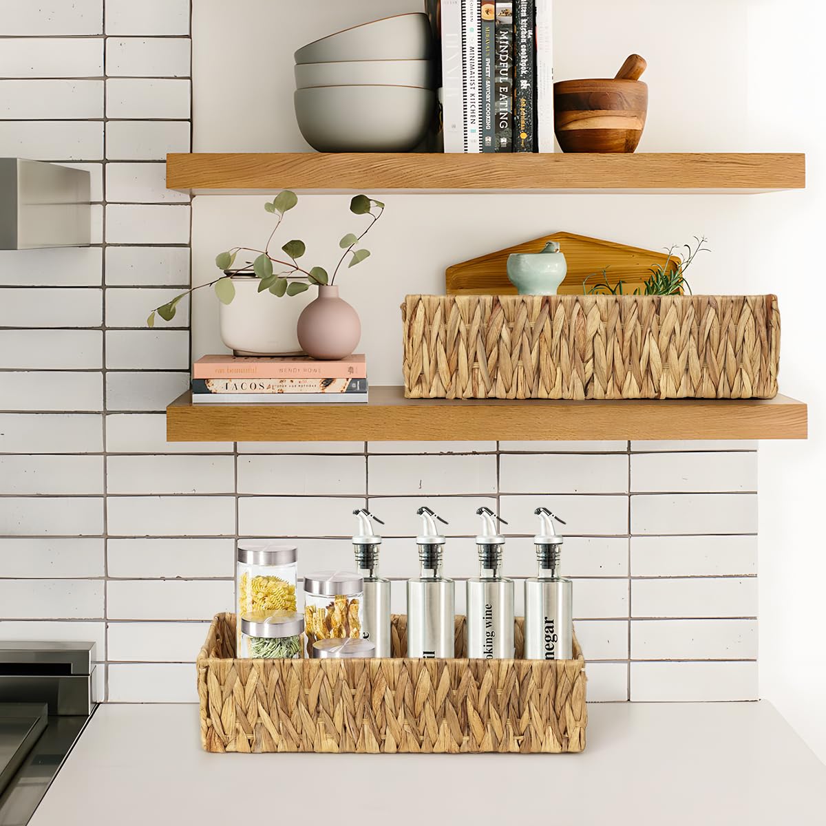 Weavelyrics [2-Pack, 2-Size] Wicker Storage Baskets With Handles, Water Hyacinth Storage Baskets, Handwoven Baskets For Shelves,