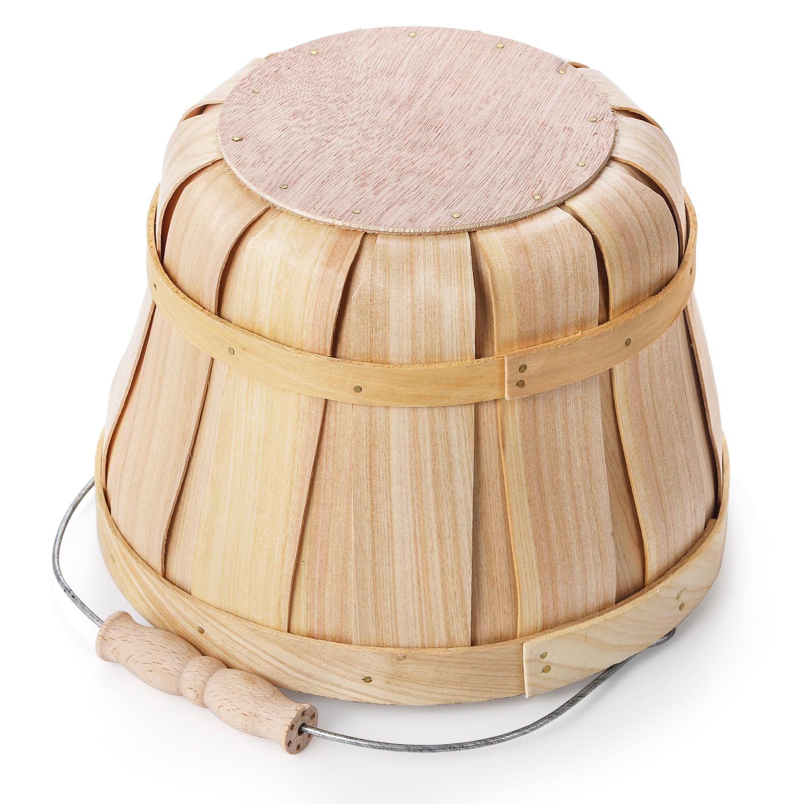 Okllen 2 Pack Round Wooden Baskets With Handle, Empty Wood Fruit Buckets, Fall Harvest Basket For Display Fruits Vegetables, Hom