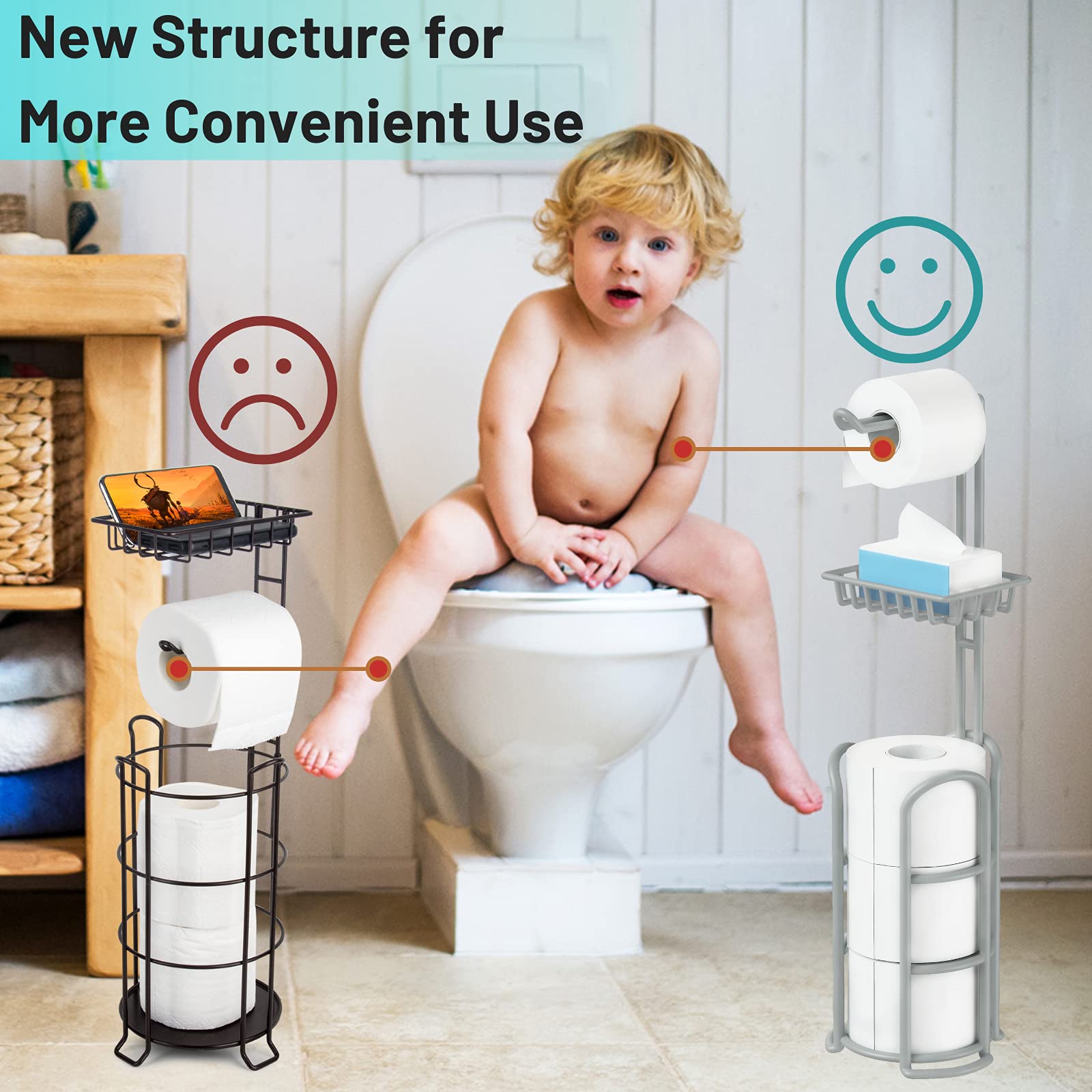 Upgrade Toilet Paper Holder Stand, Silver Gray Freestanding Toilet Paper Roll Holders With Shelf, Bathroom Tissue Storage Rack