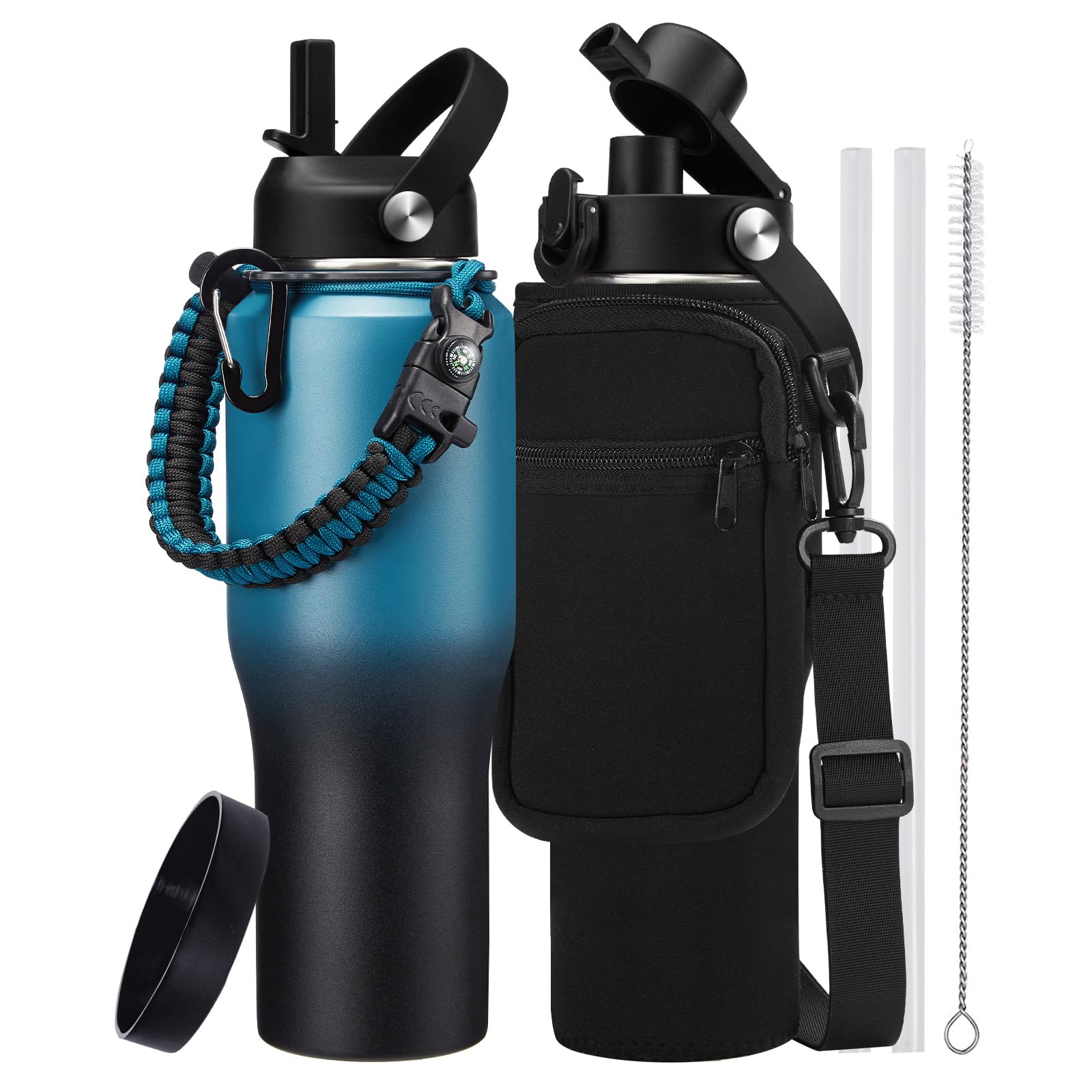 32 oz Water Bottle with Straw & Spout Lid, Paracord Handle & Carrier Bag