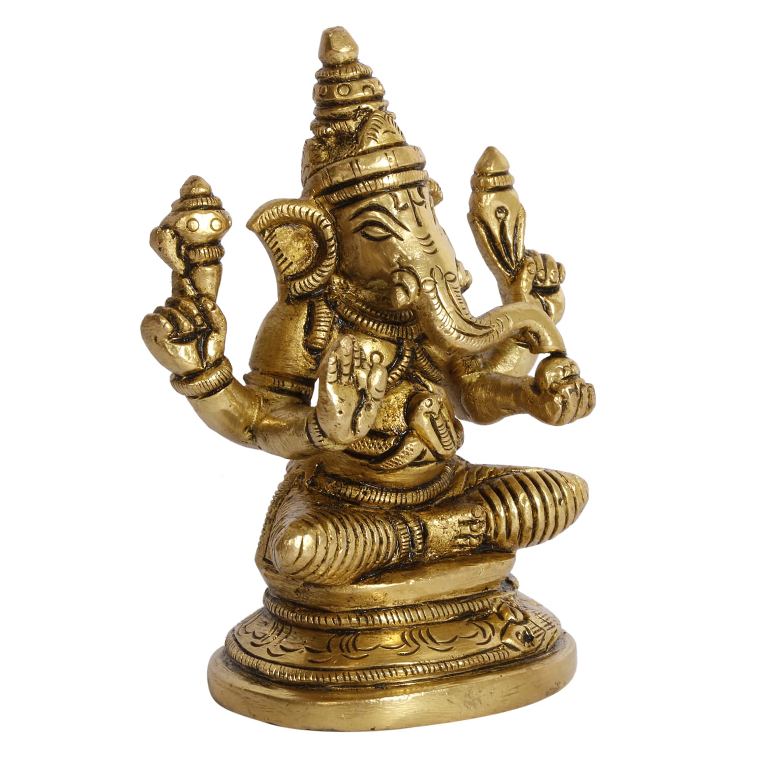 Kartique Brass Idol Ganesh Bhagwan Sitting In Blessing Posture Mangalkari Ganpati Bappa Murti Gold Color Height 3.5 Inch