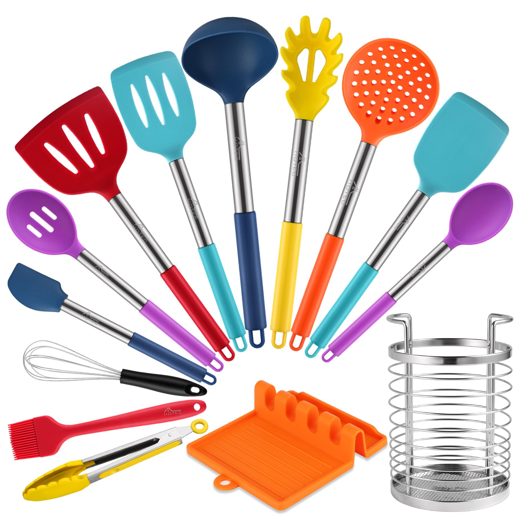 HOTEC Heat Resistant Silicone Kitchen Utensils, Cooking Utensil Set, Spatula Set, BPA Free, Kitchen Gadgets, with Stainless Stee