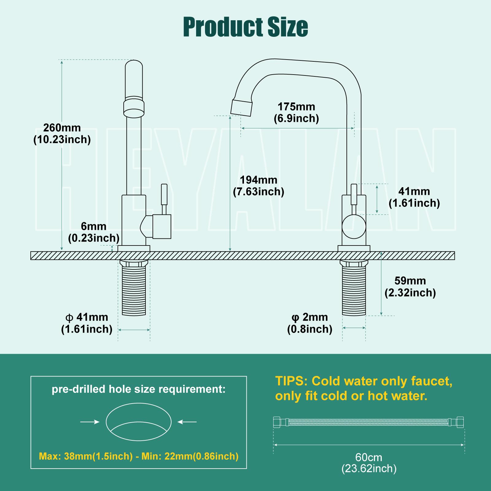 Cold Only Water Kitchen Faucet Brushed Nickel Heyalan Single Lever Handle 304 Stainless Steel Commercial Bar Tap Decked Mounted 360 Degree Swivel Spout Longer Thread Pipe