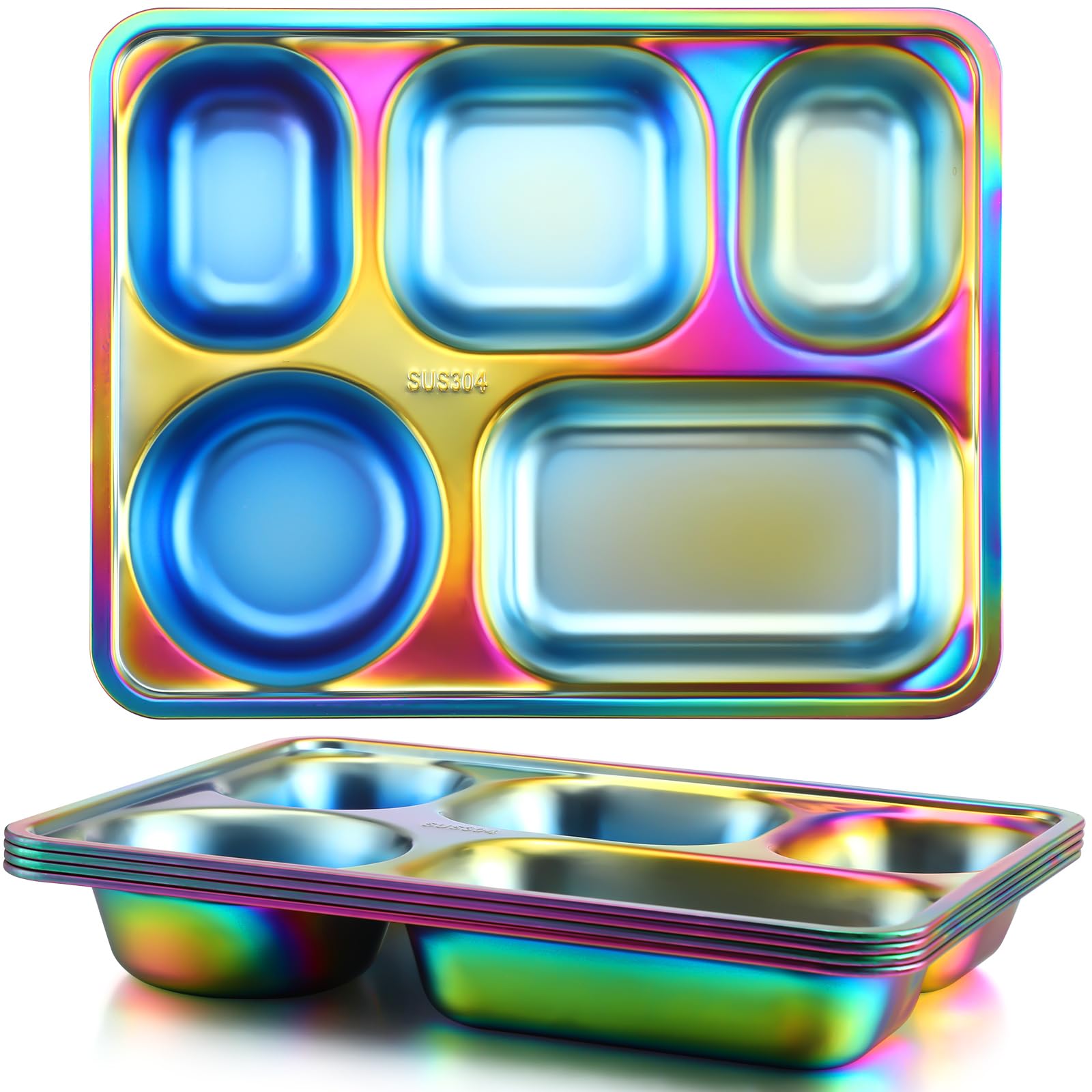 Tioncy 4 Pack Stainless Steel Plates Rectangular Divided Tray 5 Sections Camping Dishes Dinner Balanced Bites Serving Platter fo