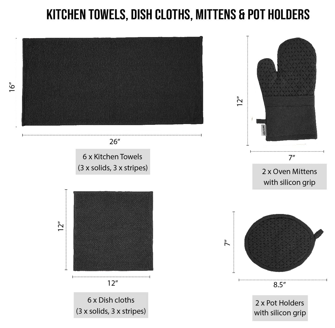 LANE LINEN 16-Piece Kitchen Towels & Dishcloths Set - Heat Resistant Silicone Oven Mitts, Pot Holder & Absorbent Terry Dish Towe