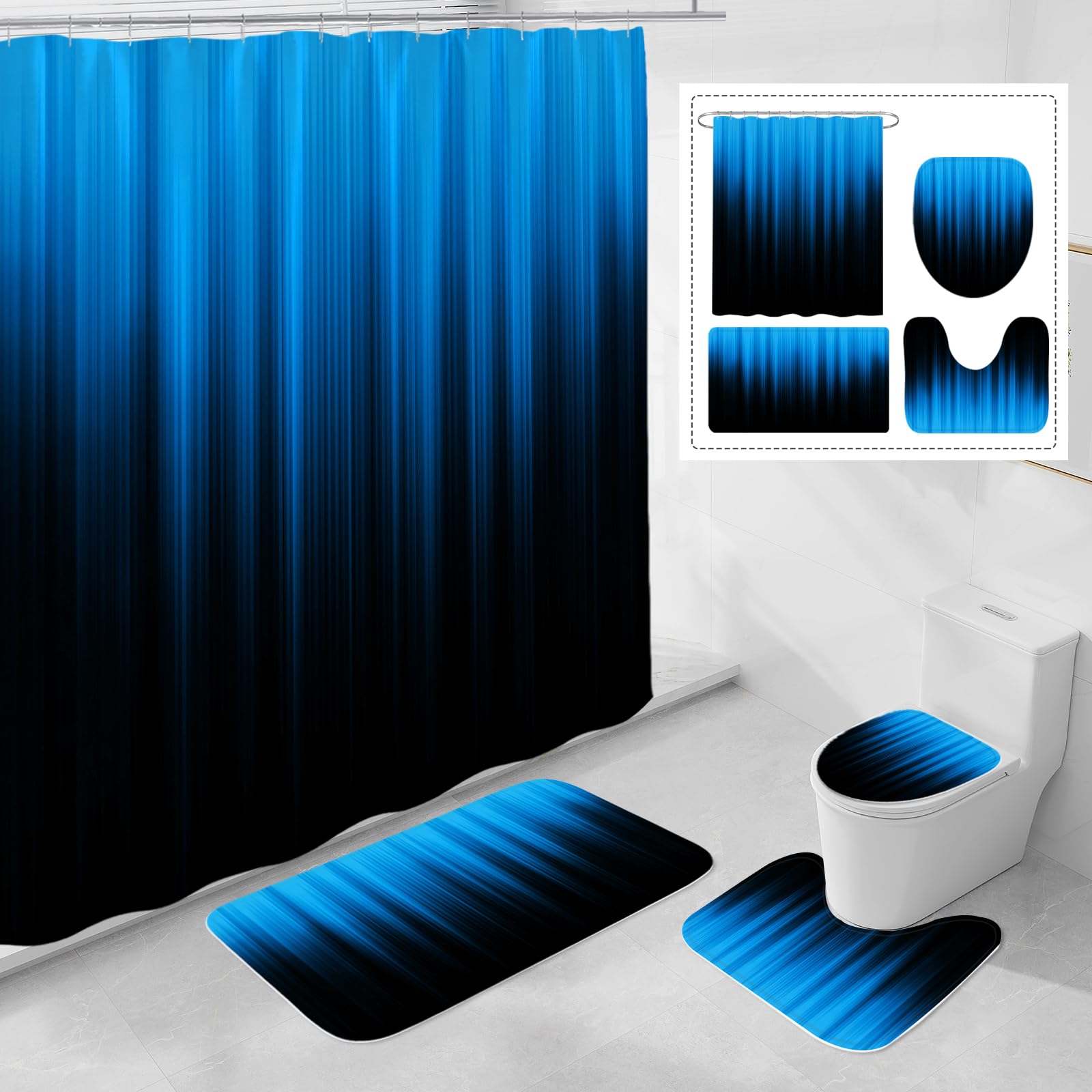 Litabel 4 Pcs Blue And Black Gradient Shower Curtain Set With Rugs And Toilet Lid Cover, Modern Simple Waterproof Fabric Bathroo