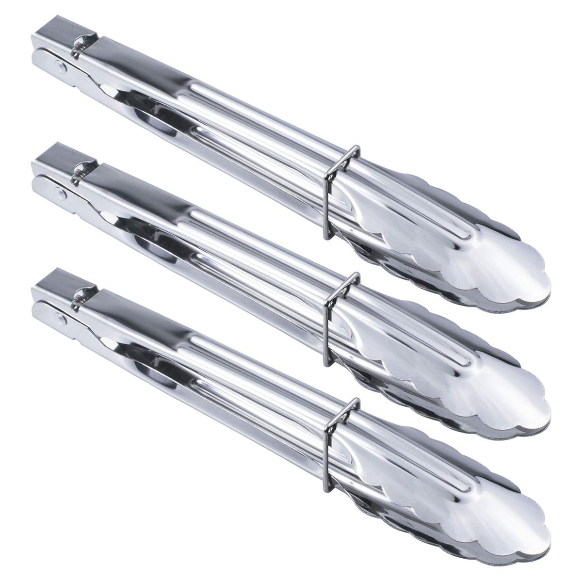 Hinmay Stainless Steel Serving Tongs Metal Cooking Tongs With Scalloped Gripping Edge Kitchen Tongs (9-Inch 3 Pieces)