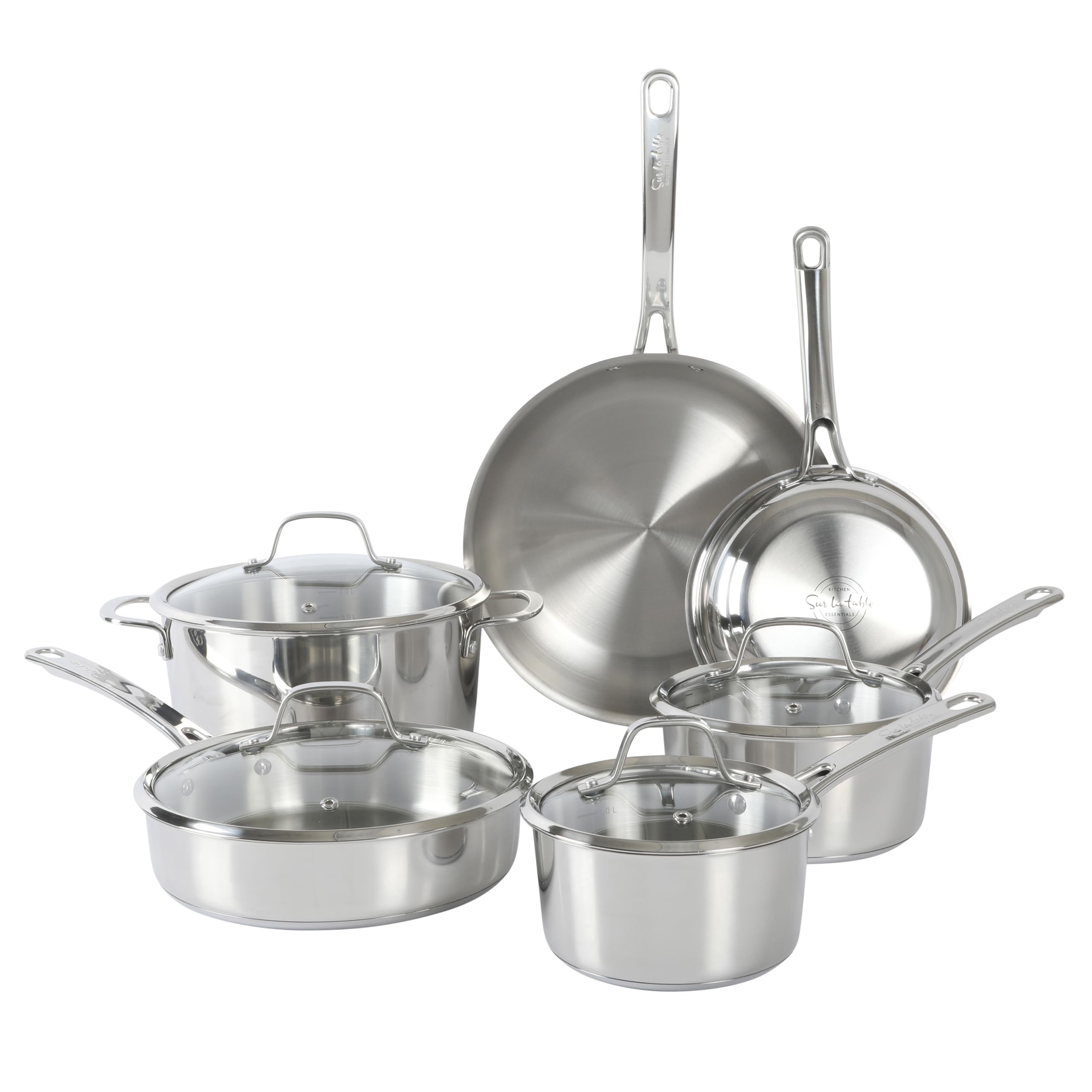 Sur La Table Kitchen Essentials Chefs Deck 10 Piece Stainless Steel Non Toxic Pots and Pans Kitchen Cookware Set w/Triply Encap