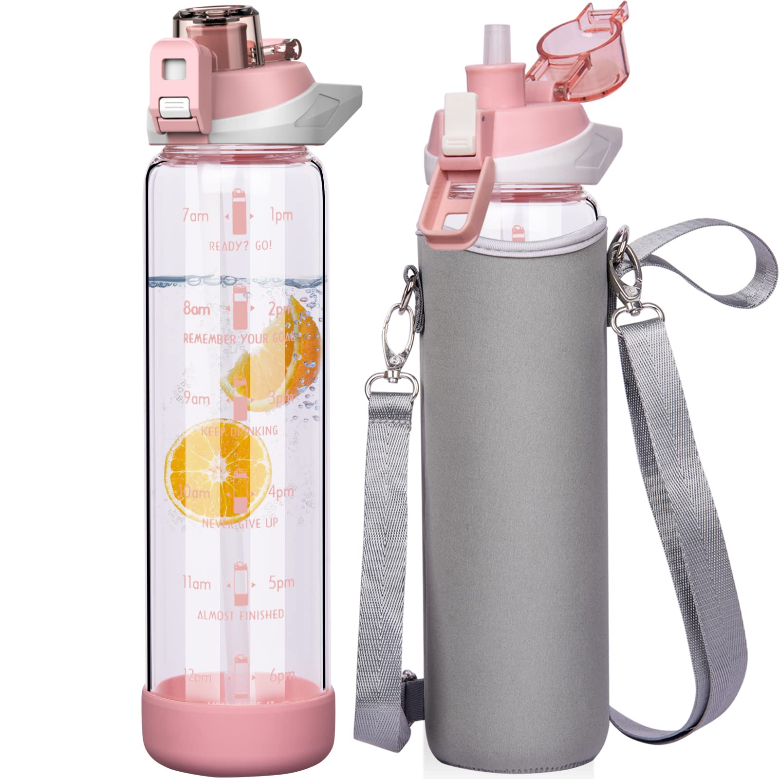 Seekua 32 oz Sports Glass Water Bottle with Straw and Time Marker, Large Resuable Motivational Glass Drinking Bottle for Infused