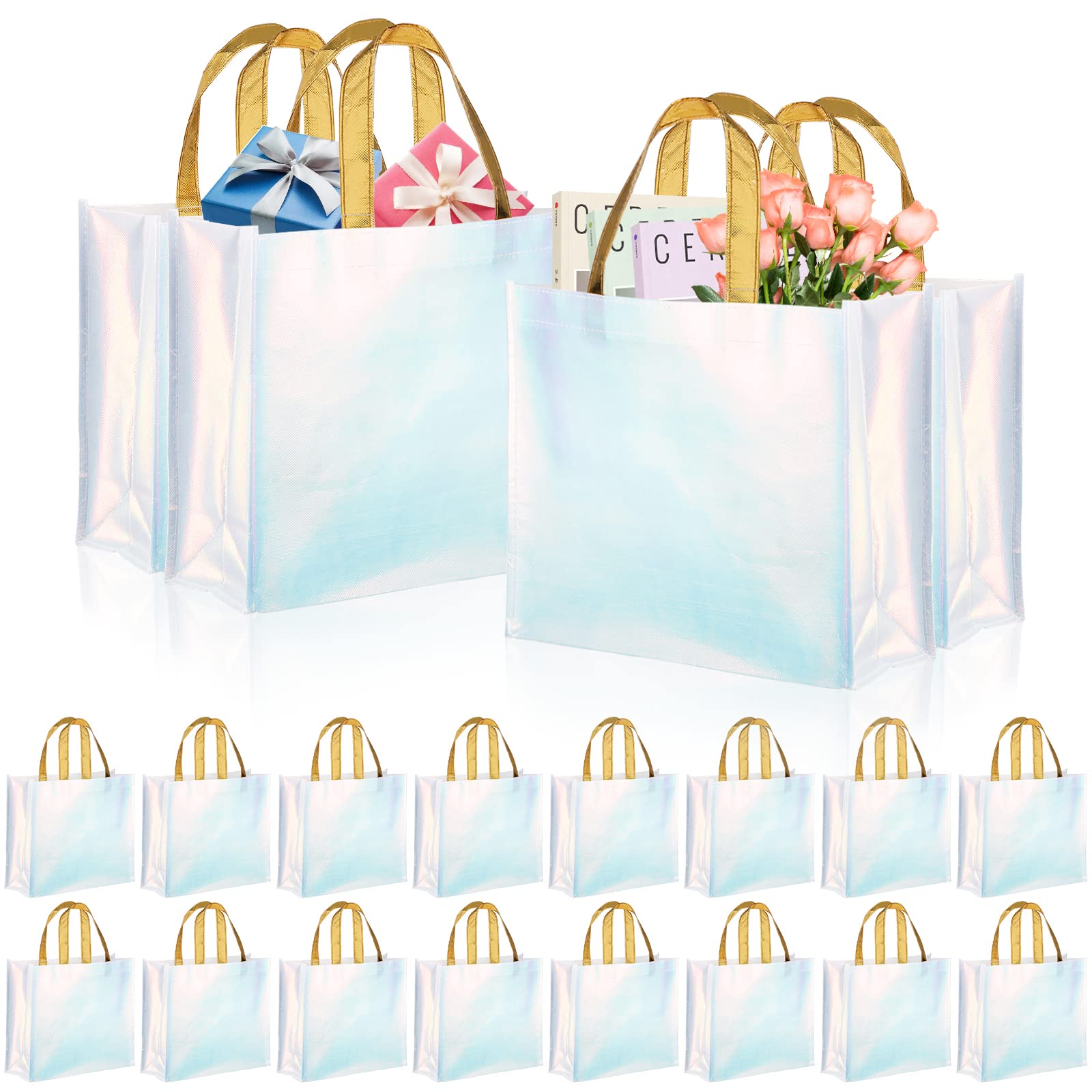 Lyellfe 20 Pieces Glossy Reusable Grocery Bag, Non Woven Blue Gift Bag With Handles, Fashionable Bridesmaid Tote Bag, Durable Sh