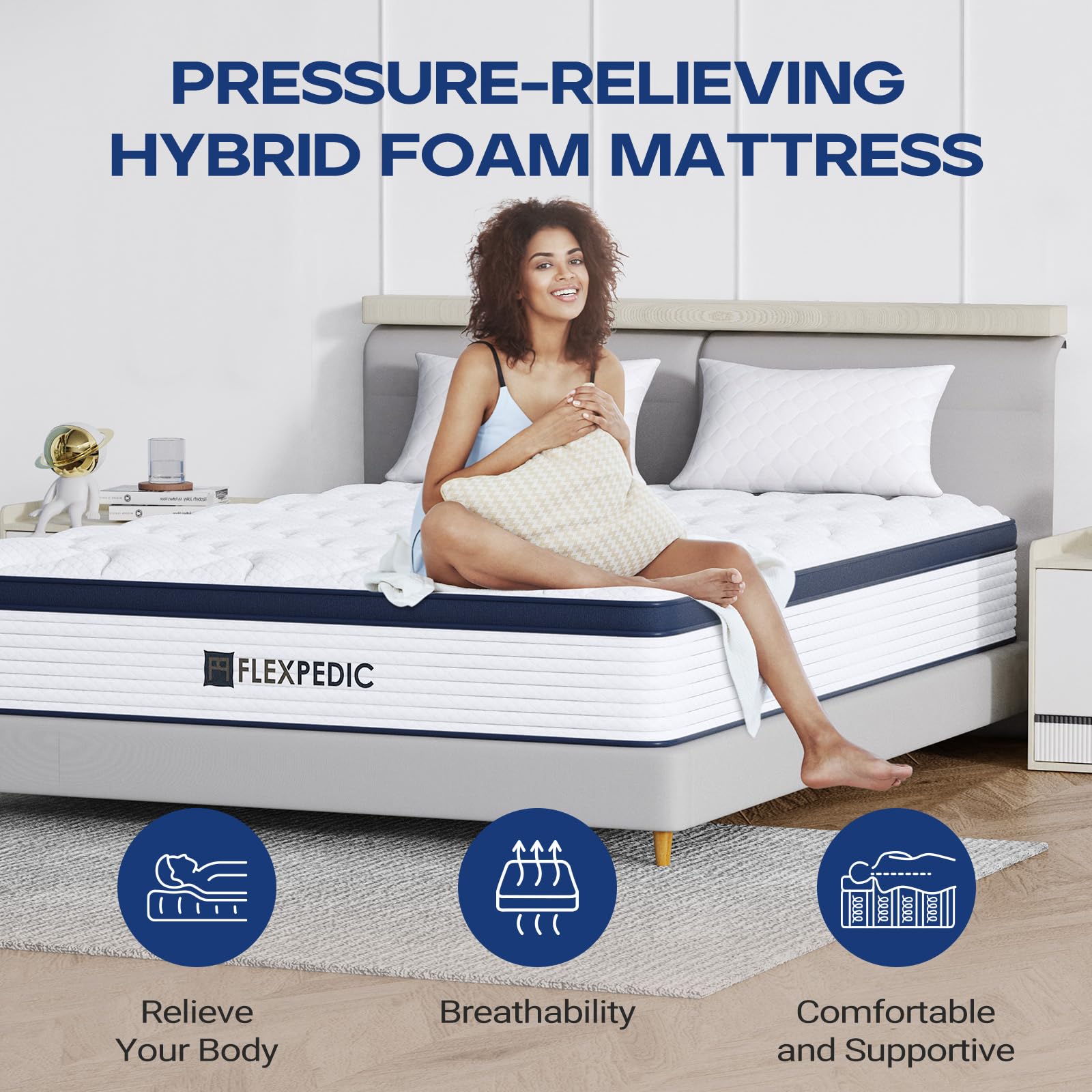 Flexpedic 10'' Full Size Mattress, Memory Foam Hybrid Full Mattress With Space Cotton For Tight Sleep, Medium-Firm Mattress With