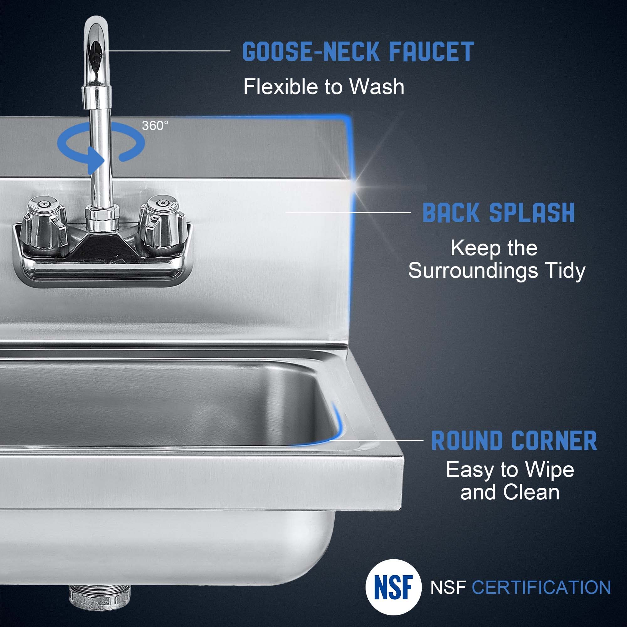 Profeeshaw Stainless Steel Sink Commercial Wall Mount Hand Washing Basin NSF Certified  with Gooseneck Faucet and Backsplash  for Restaurants  Stores  Bars and Home  17'' x 15''