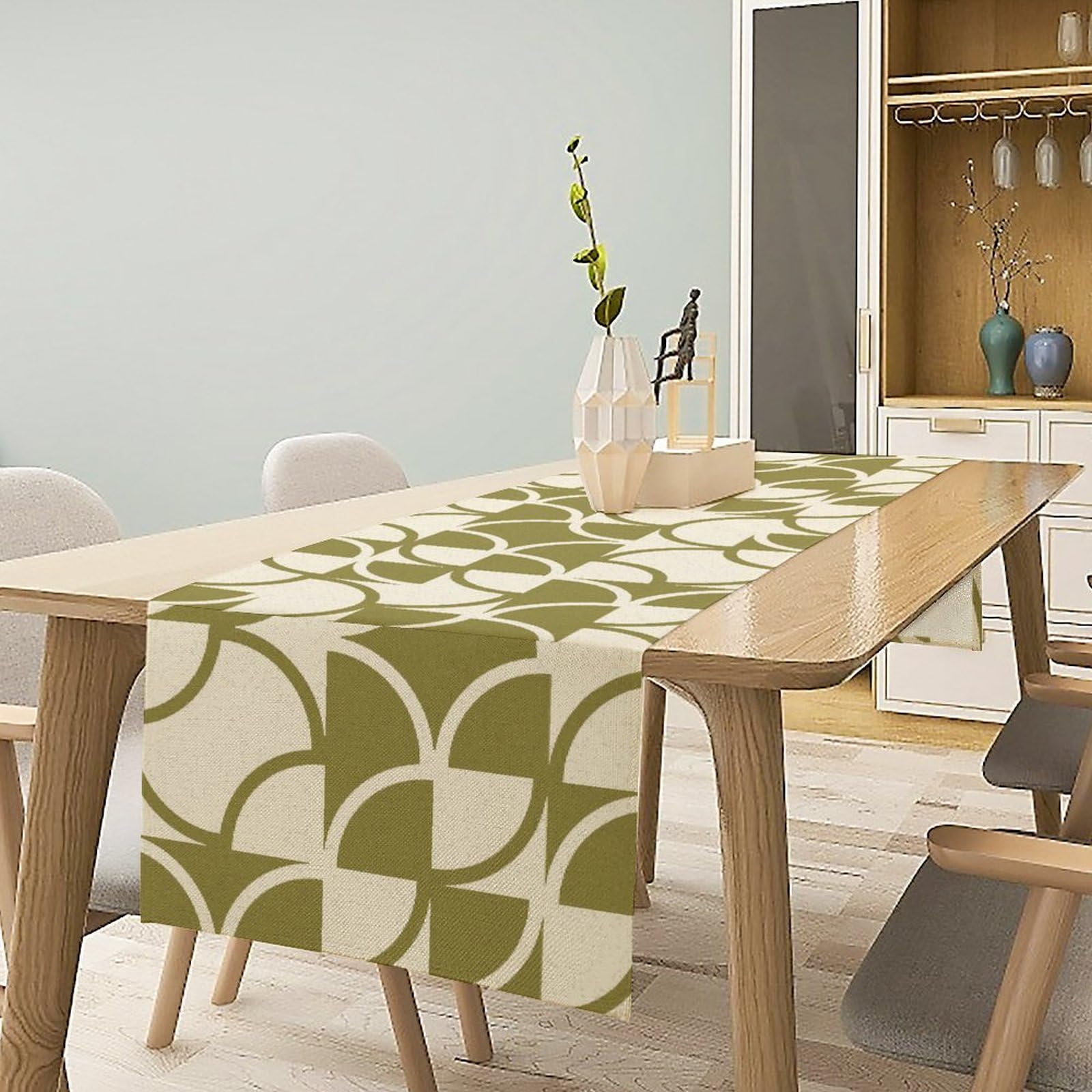 Geometric Table Runner,Green Nordic Vintage Mid Century Geometric Linen Table Runners For Home Living Room Kitchen Family Dinner