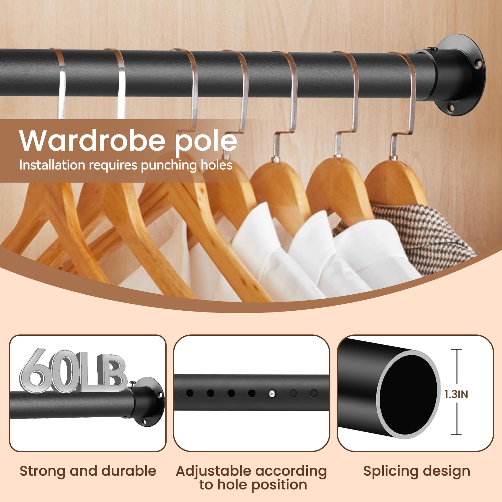 Metal Black Closet Rods For Hanging Clothes, 1.3 Inch Diameter Heavy Duty Closet Rod 17-51 Inch Adjustable Clothes Hanging Bar S