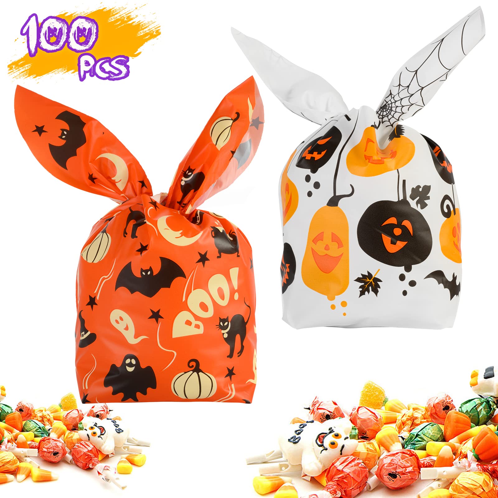 100 Pcs Halloween Treat Bags Candy Bags, Kids Trick Or Treat Bags Goodie Bags, Cute Rabbit Ear Small Halloween Cookies Plastic G