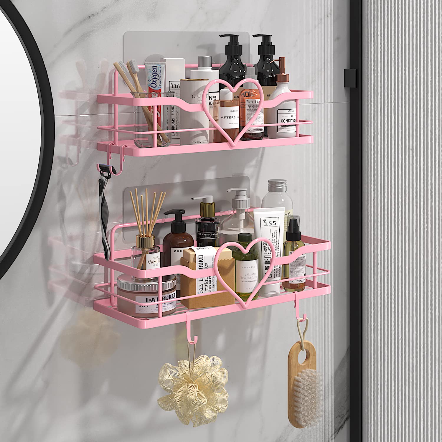 Flcity Pink Shower Caddy With 4 Removable Hooks, 2 Pack Sweet Heart Shower Shelves,No Drilling Adhesive Organizer Shelf For Bath