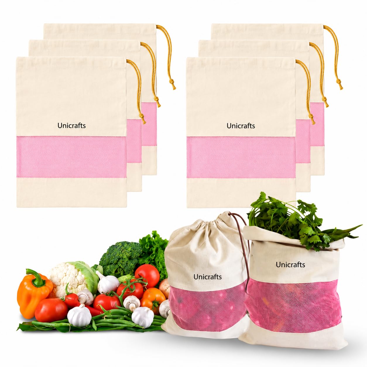 Unicrafts Cotton Vegetable Storage Bags For Refrigerator | Reusable Muslin Produce With Drawstring | Washable Fridge Pouch For F