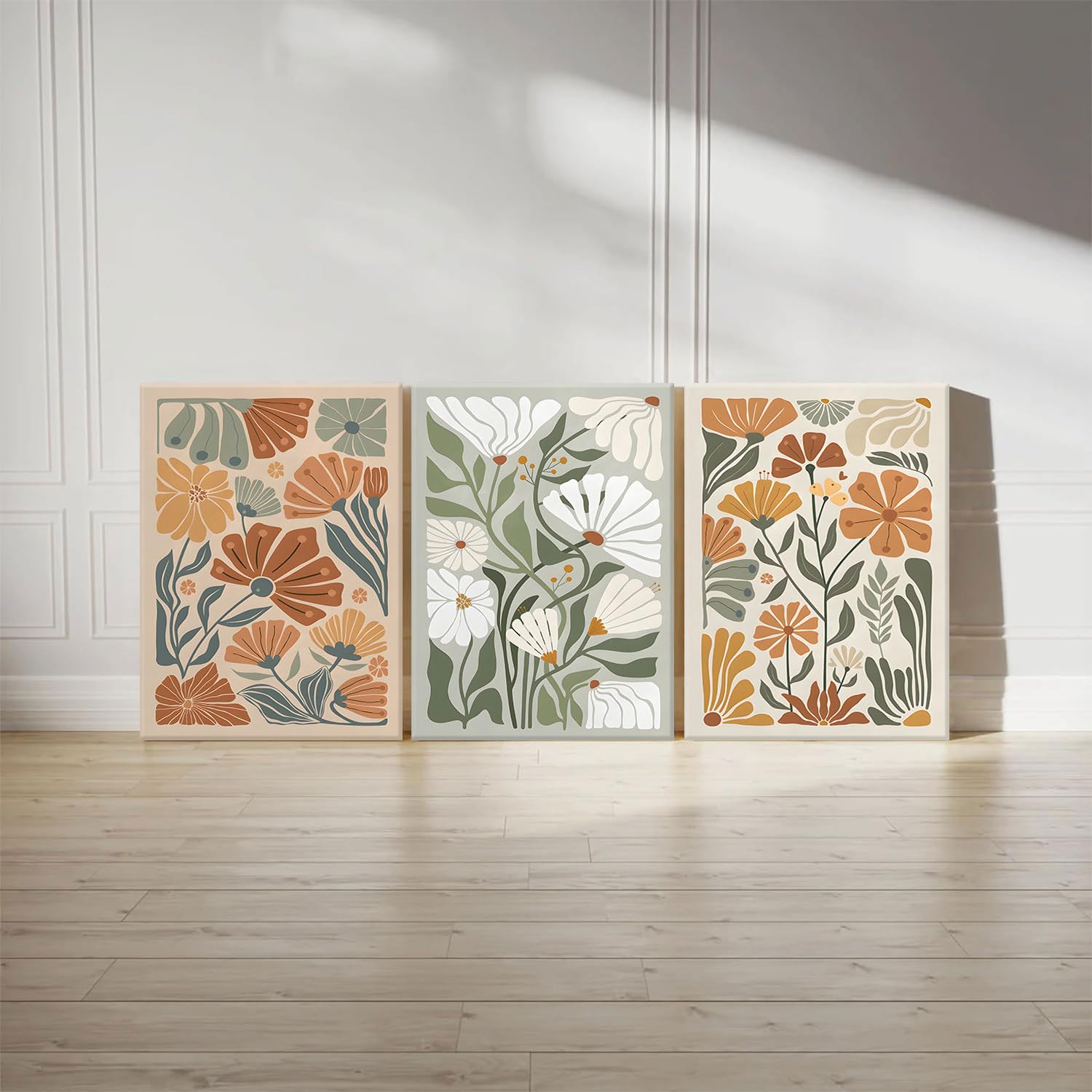Kissfox Framed Canvas Wall Art Abstract Floral Botanical Print Set Of 3 Green Beige Wildflower Flower Market Paintings Boho Mode