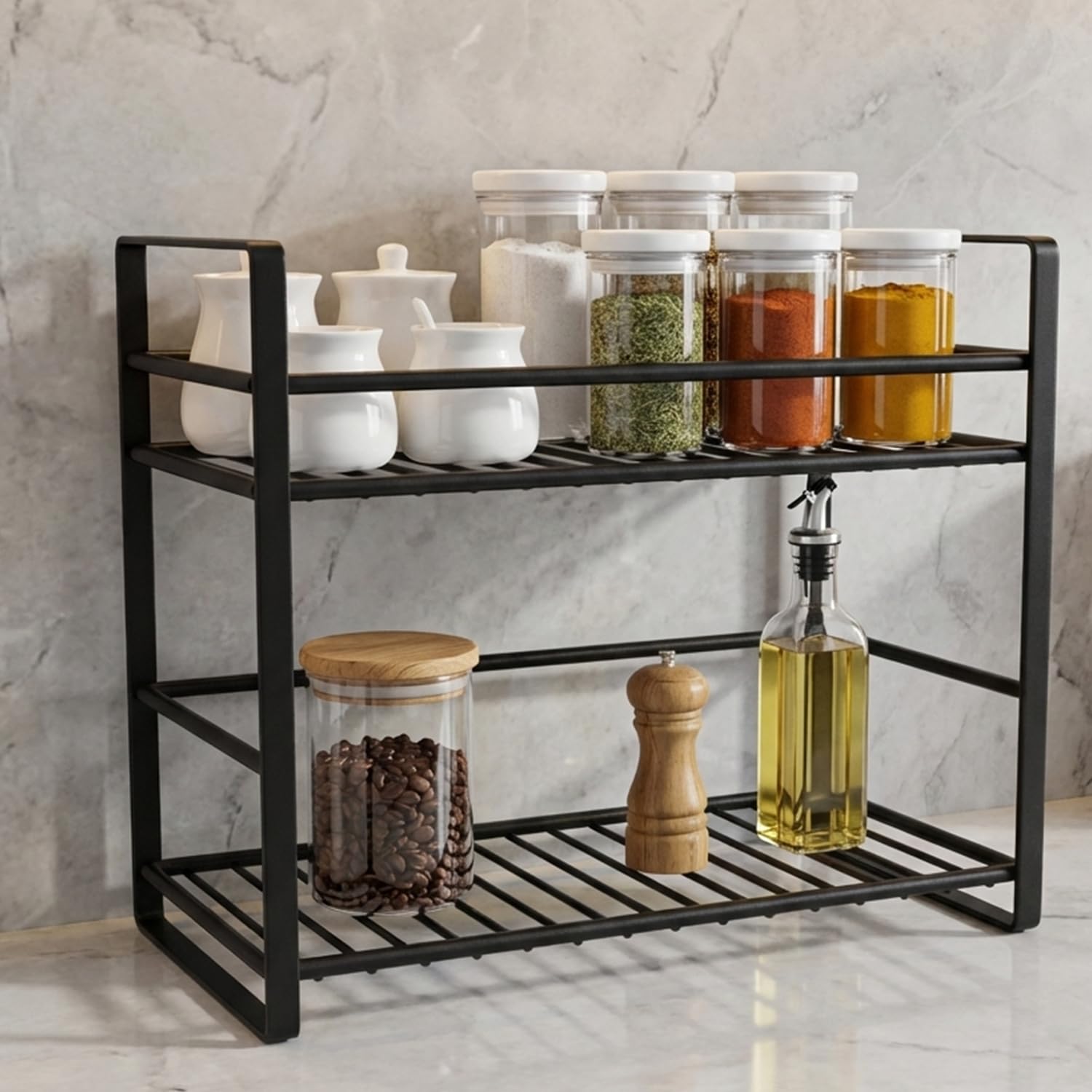 Zureni 2 Tier Countertop Organizer Spice Rack Multipurpose Stand And Jar & Bottles Holder For Pantry Kitchen Accessories (Black,