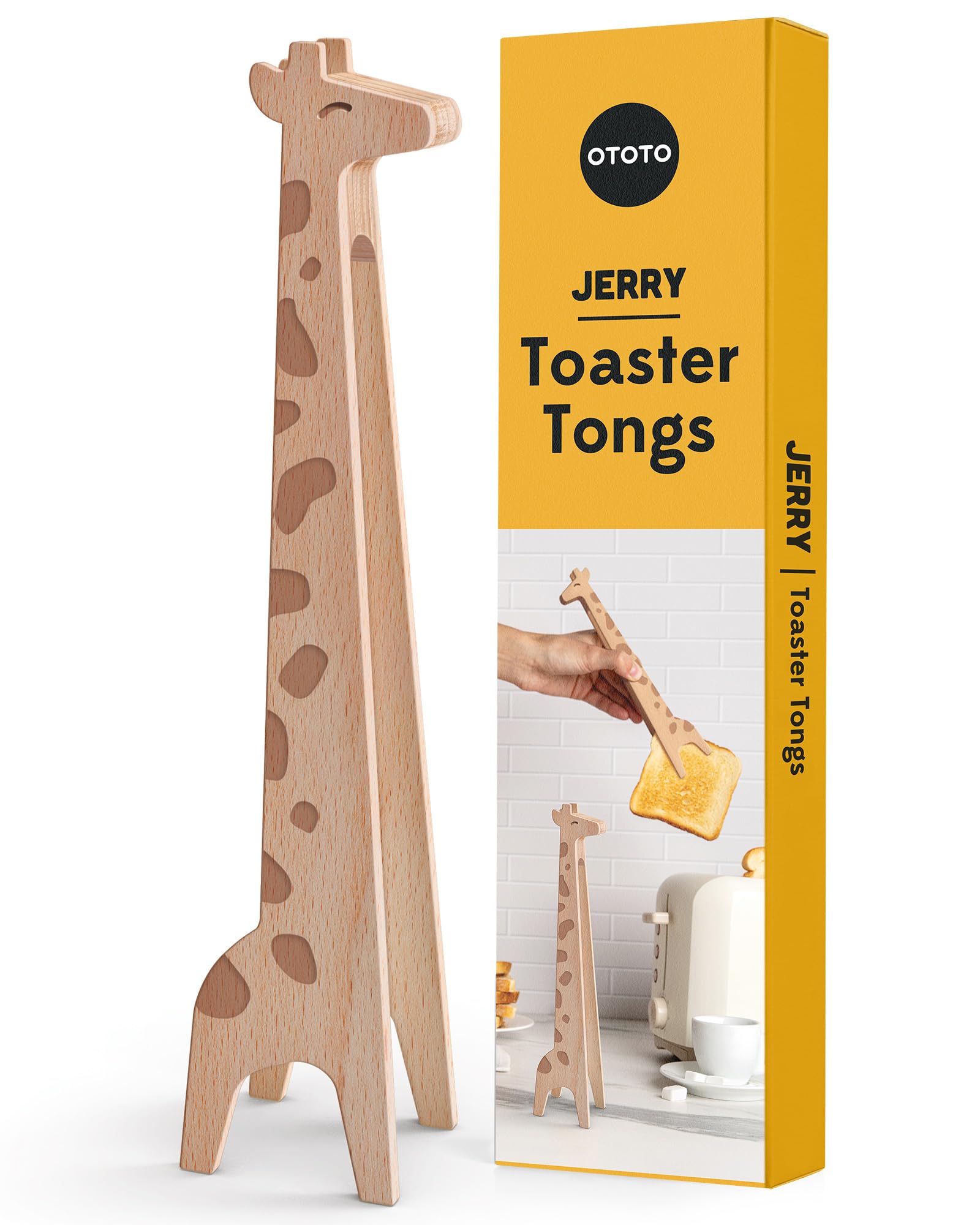 NEW OTOTO Jerry the Giraffe Toaster Tongs - Multipurpose Wooden Tongs for Cooking, Serving Food, Kitchen Gifts, Fun Gifts, Cute 