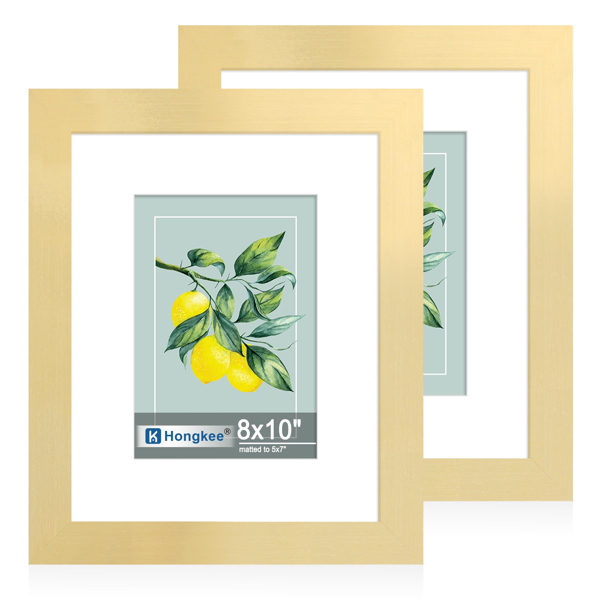 Hongkee 8x10 Picture Frame Set of 2, Made of Real Glass and Gold Wooden Frame - Display Pictures 5x7 with Mat or 8x10 Without Ma