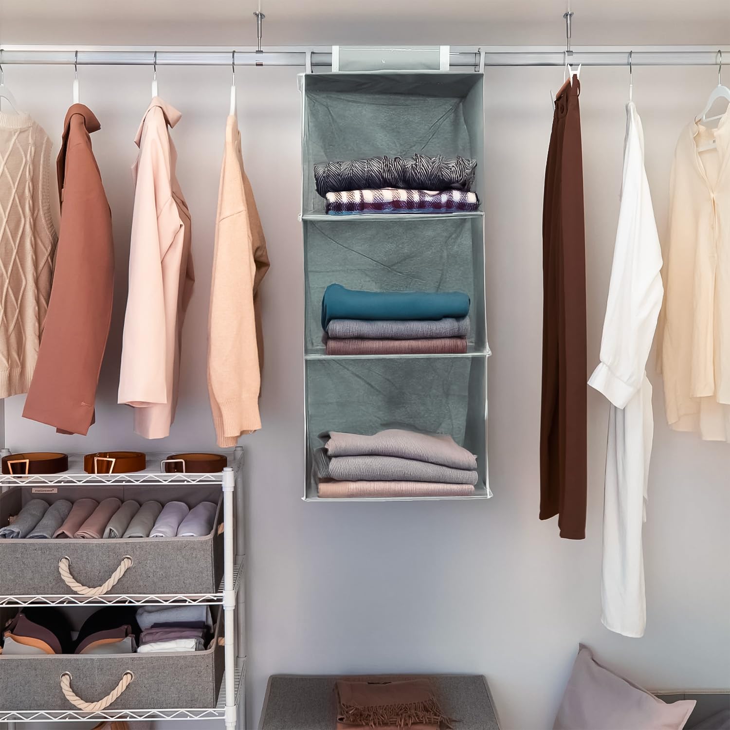 Prettykrafts Fabric Hanging 3 Shelves Wardrobe Organiser (Grey)