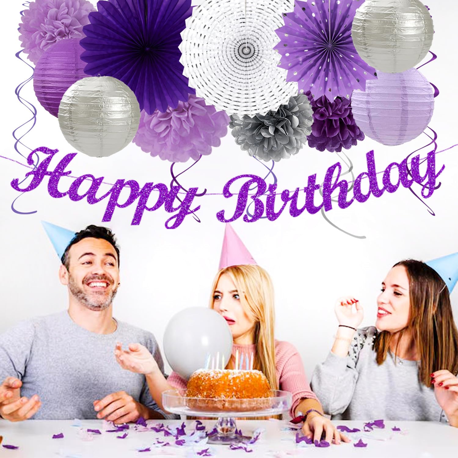 Purple Lilac-Lavender Silver Women Birthday Party-Decorations - 21Pc Happy Banner,Paper Lanterns Streamers,Tissue Pom Poms Honey
