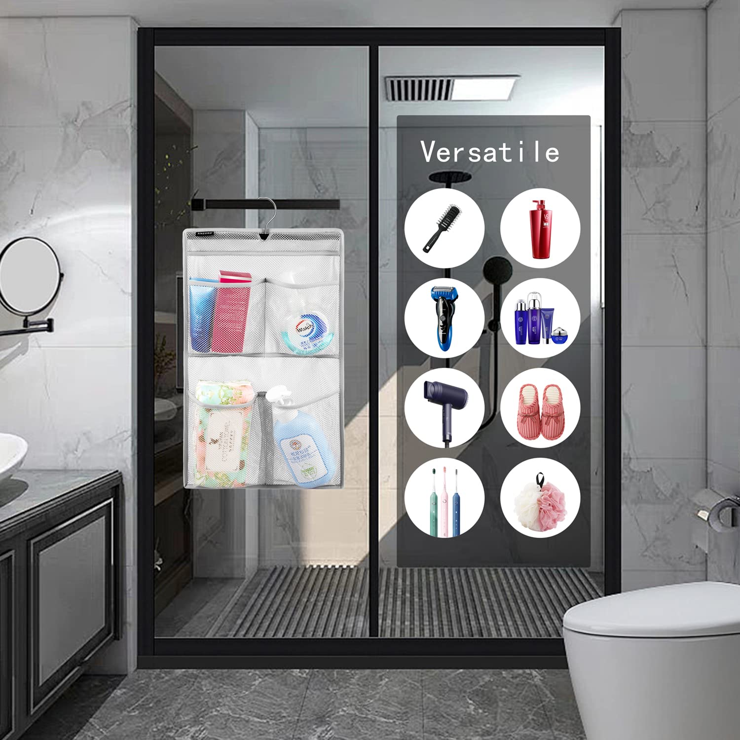 Anzorg Mesh Shower Organizer Hanging Caddy Quick Dry Bathroom Storage For Toiletry Accessories With Rotating Hanger (4 Pockets)