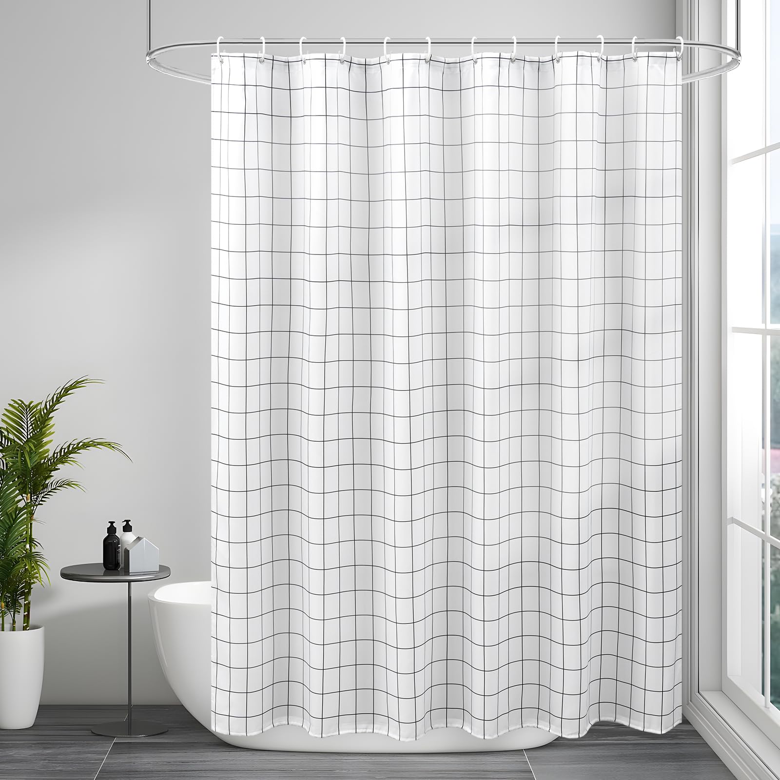 Aoohome Standard 72X72 Inch Fabric Shower Curtain, Black And White Geometric Grid Bathroom Curtain With Hooks, Heavy Duty, Weigh