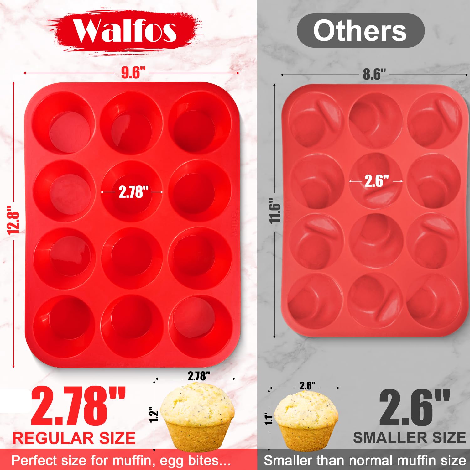 Walfos Silicone Muffin Pan - 12 Cups Regular Silicone Cupcake Pan, Non-Stick Silicone Great For Making Muffin Cakes, Tart, Bread